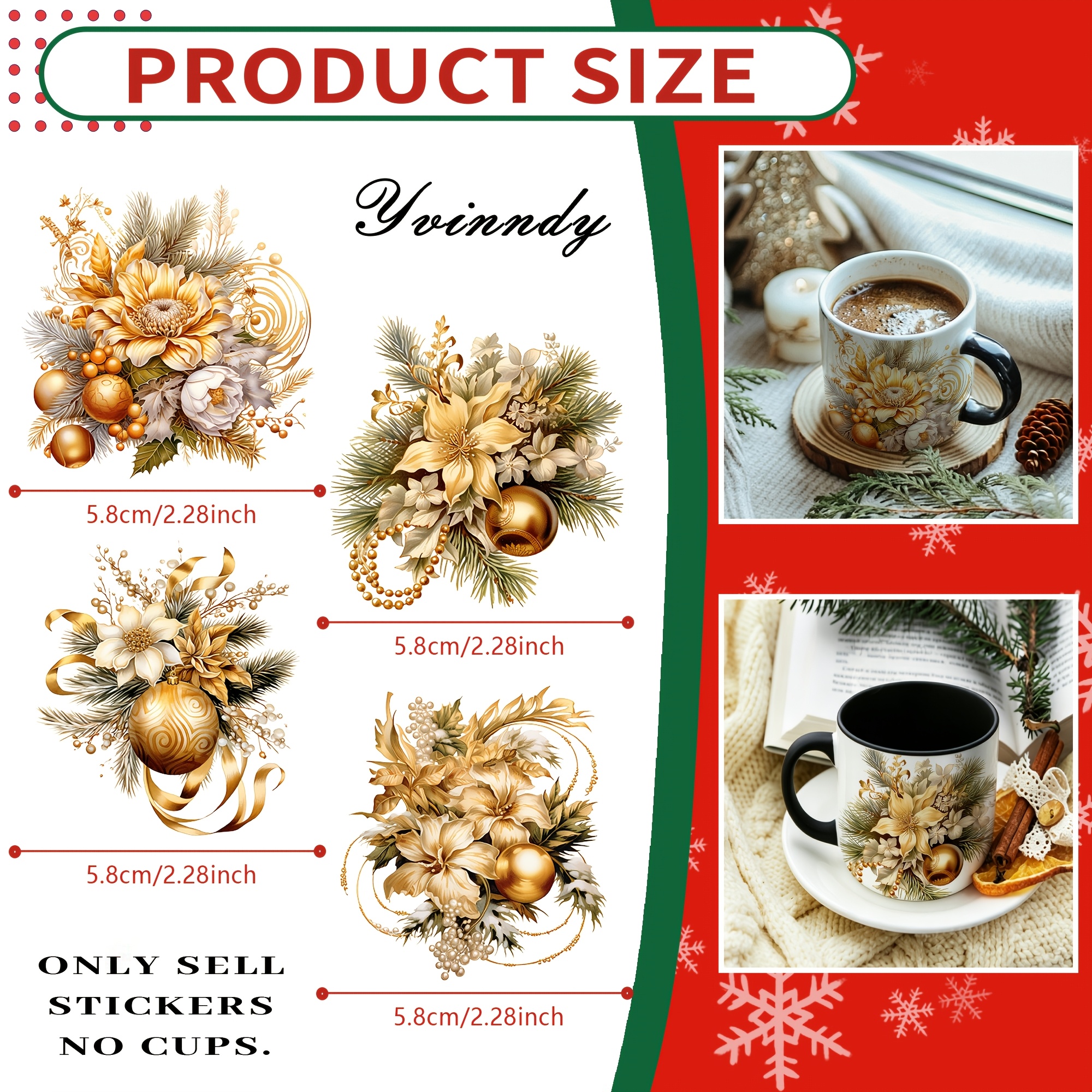 TEMU 12pcs/set Golden Christmas Decoration Snowball Uv Transfer - Suitable For Crafts Mugs Laptops, And Water Bottles Self-adhesive Plastic
