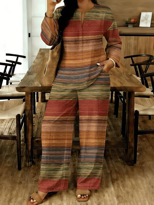 womens striped 2pcs set european style diagonal striped short sleeve top wide leg pants suit casual commuter outfit
