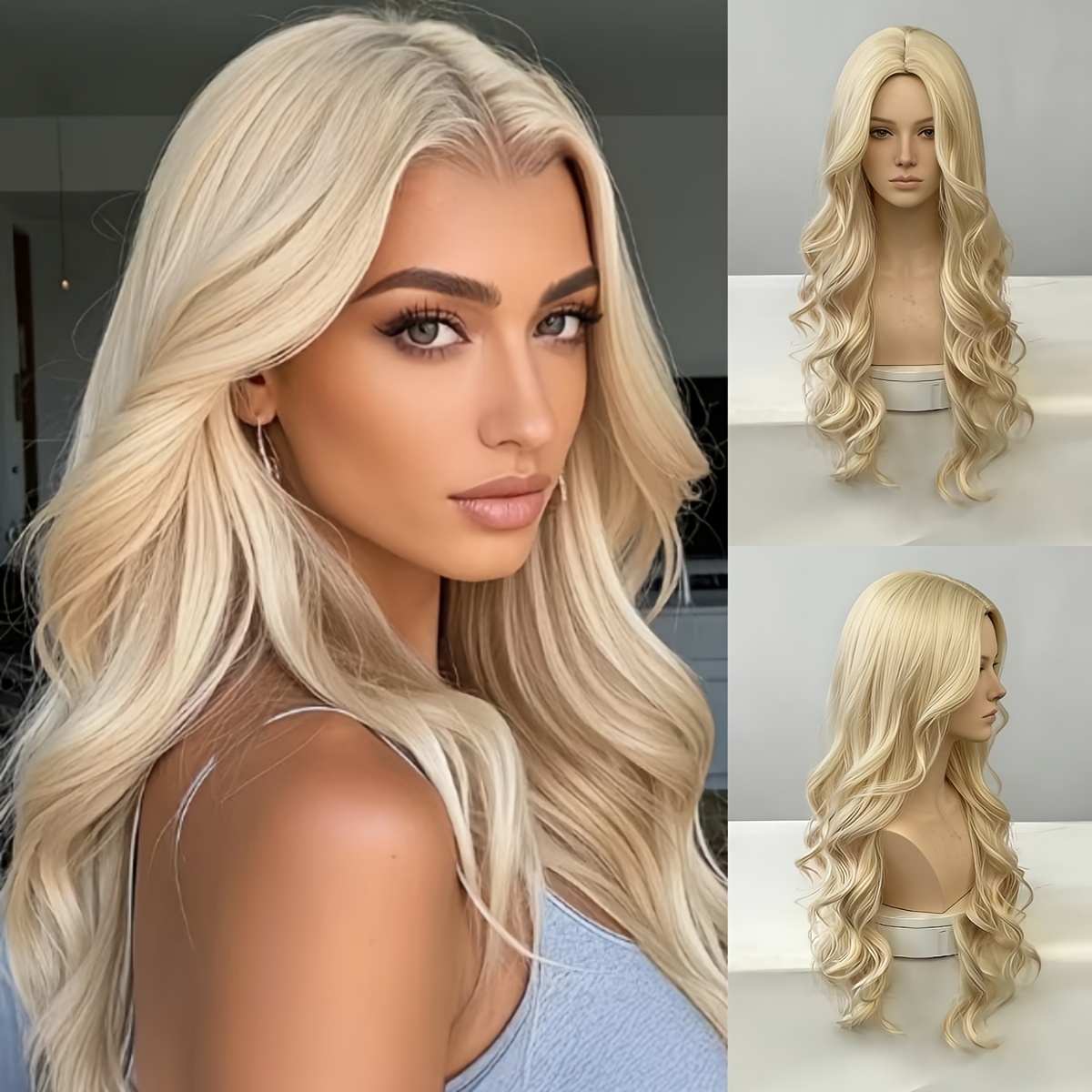 TEMU Damen-Perücke, 1 Stil, 26 Zoll, hellgoldblond, lockig, für alle Ethnien geeignet – Hitzebeständige Perücke aus Synthetikfaser mit Netzhaube &