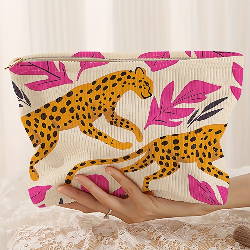 TEMU Leopard Pattern Printed Corduroy Makeup Bag - Lightweight Zipper Lined Makeup Bag, Multifunctional Makeup Storage, Suitable For Toiletries And