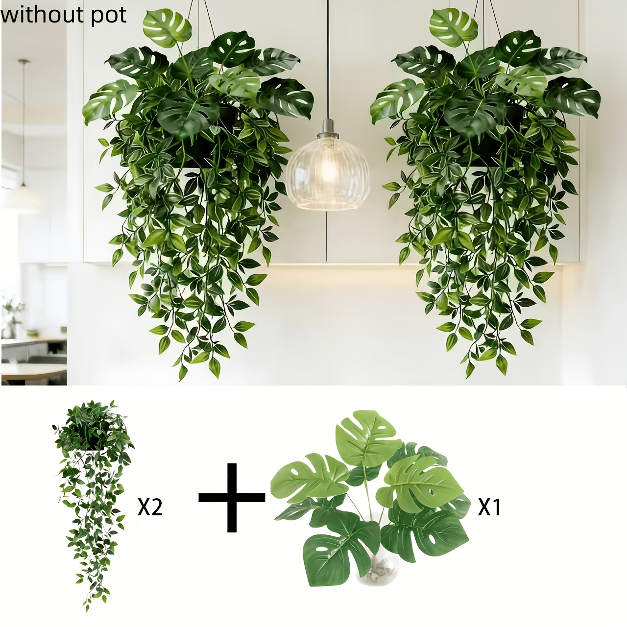 Image of 3pcs Set Of Large Artificial Hanging Green Potted Plants, Including 1 Monstera Leaf + 2 Flowers, Realistic Leaves, Wedding Decor, Diy Decoration, Mother's Day Party Decor, Suitable For Room, Office