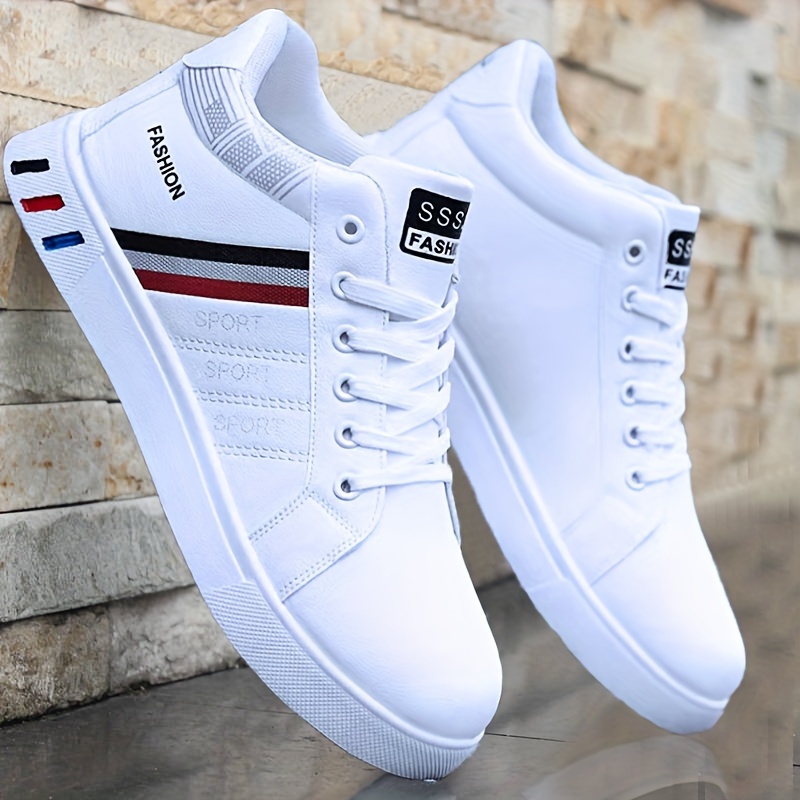 

Men's Zhenyuezu Skateboard Shoes - Casual & Sporty, Mid-top, Lace-up, White With Red/ Detail, Pu Upper & Eva Insole, Round Toe Design For Casual Attire, Skate Shoes