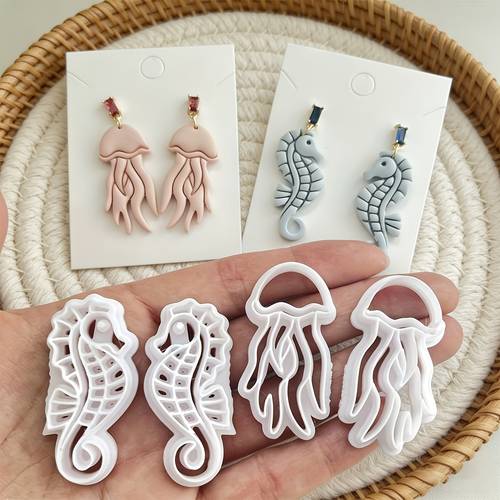 4pcs marine animal polymer clay cutters jellyfish and seahorse earring molds plastic craft molds suitable for jewelry making ceramics and resin crafts ocean resin earring creation durable plastic molds