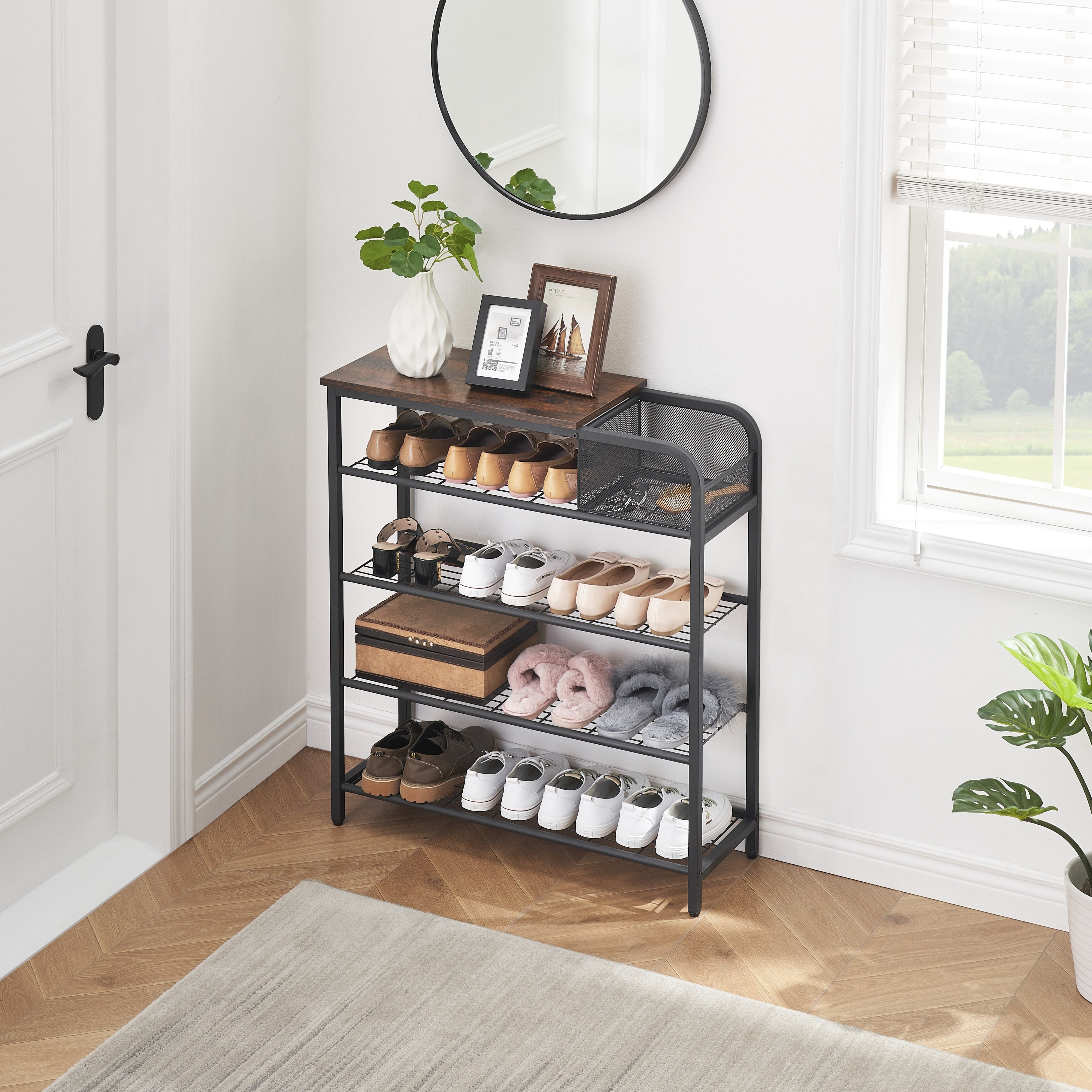 5 tier shoe rack closet organizer free standing storage for 20 25 pairs sturdy wooden top with mesh storage basket ideal for entryway hallway and closet rustic brown   details 2