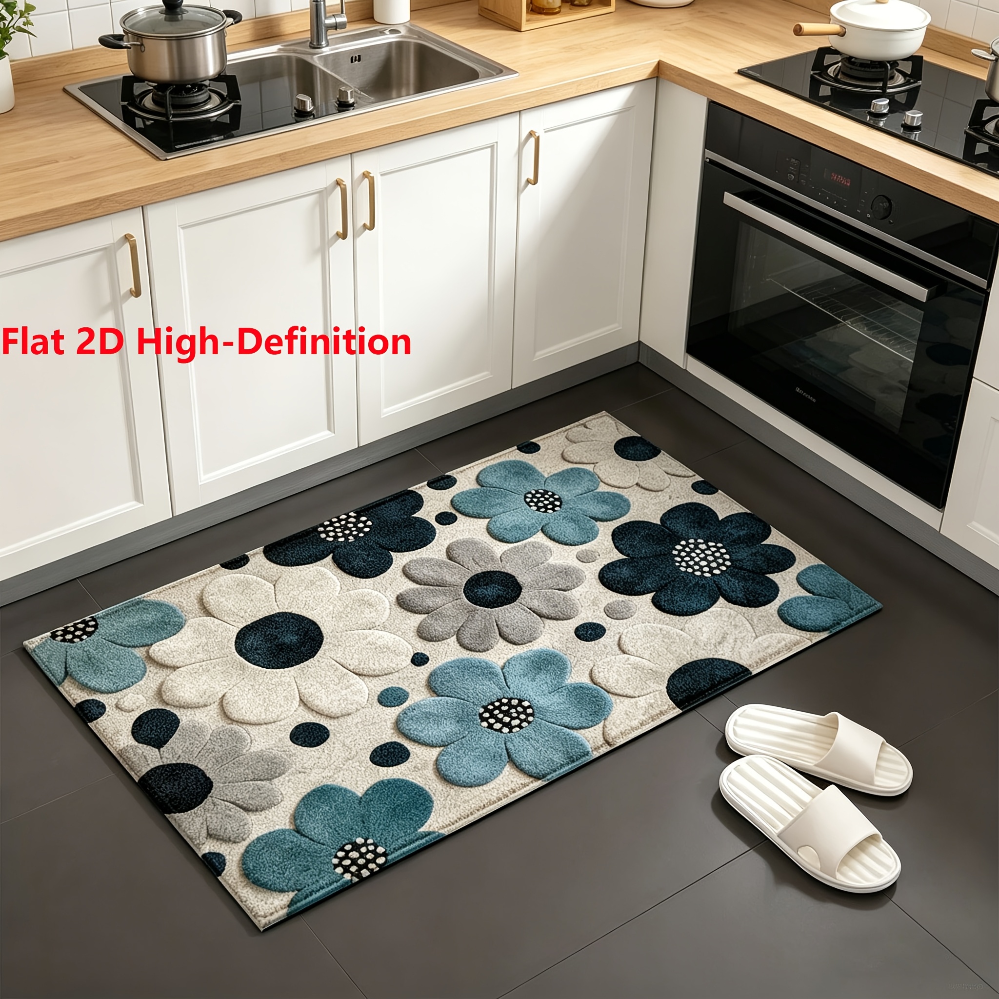 TEMU 1pc Elegant Floral Pattern Doormat Kitchen Rugs - Soft Microfiber, Quick-drying And Absorbent, Non-slip Backing, Suitable For Bathroom, Kitchen,