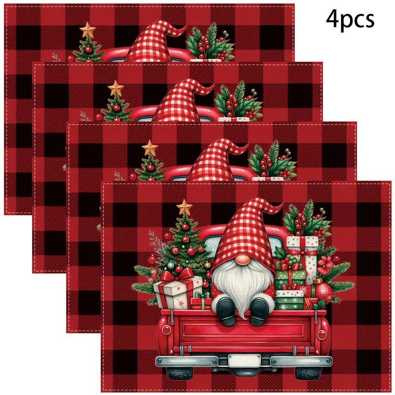 

4pcs Christmas Truck Table Placemats - Linen Rectangular Mat, Washable, For