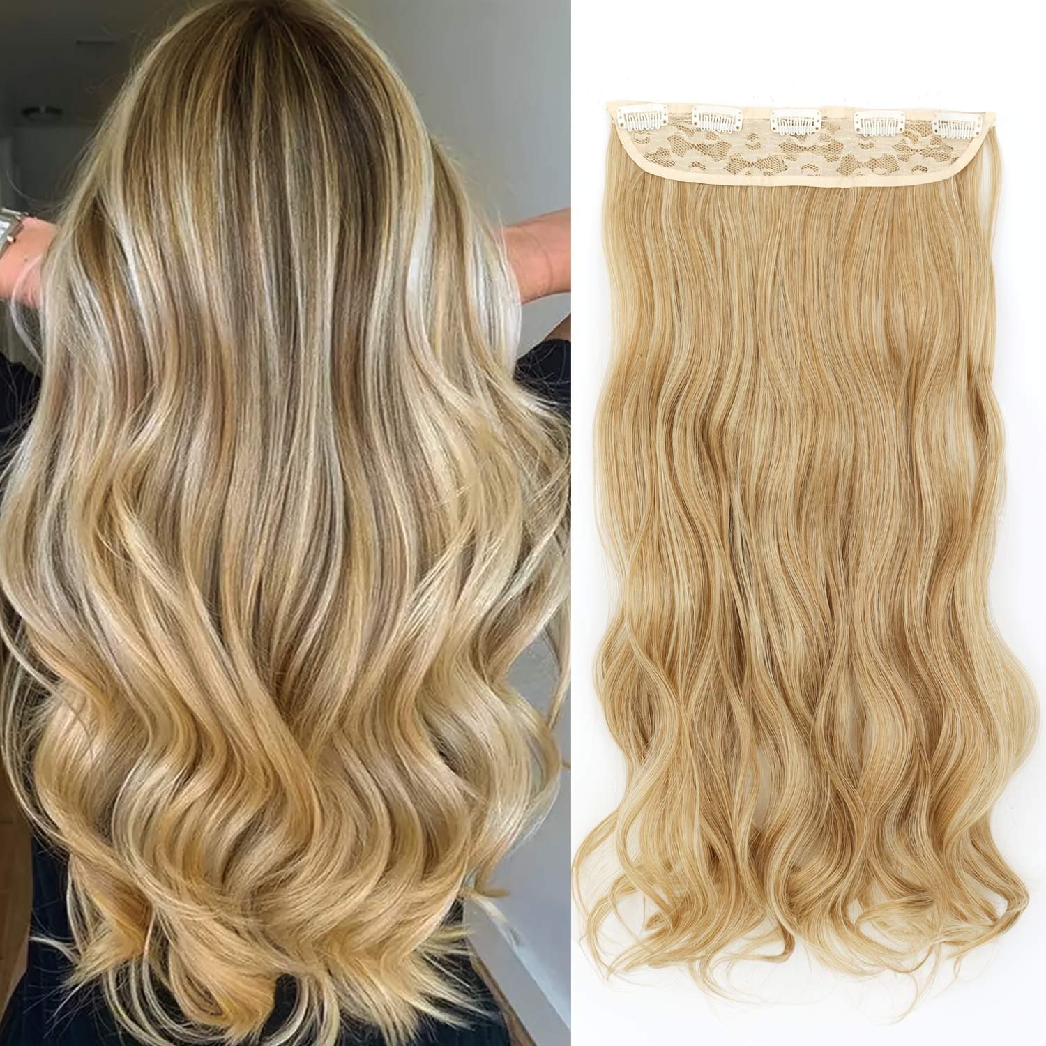 TEMU Estensioni per capelli a clip ondulati lunghi per donna, fibra resistente al calore, estensione per capelli invisibile senza cuciture, accessori