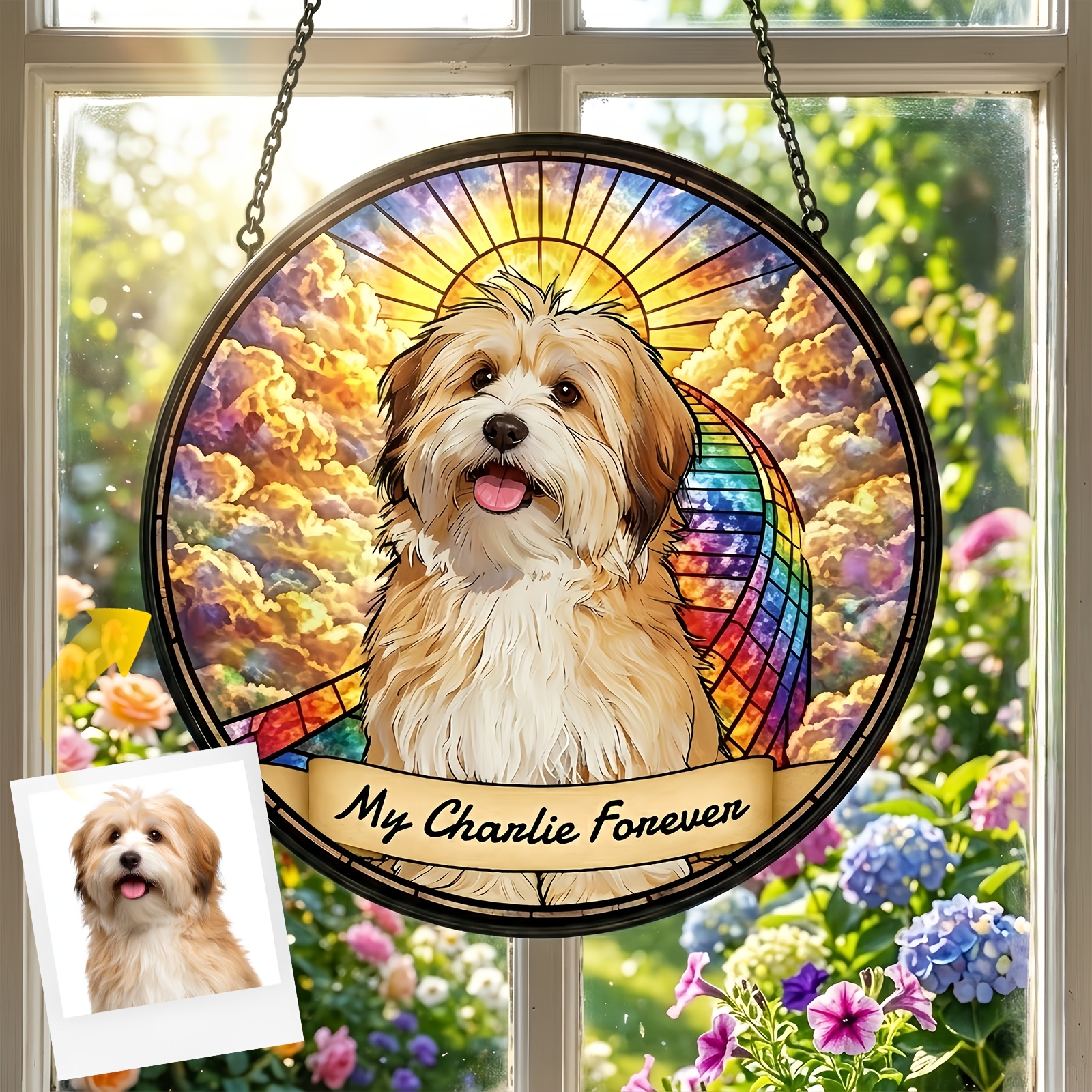 Personalized Dog Portrait Stained Sun Catcher - Custom Pet Memorial Gift with Your Dog' Name & Photo/Text, Suitable for Pet Lovers, Window Hanging Decor for,, or Pet Store Display - Sentimental