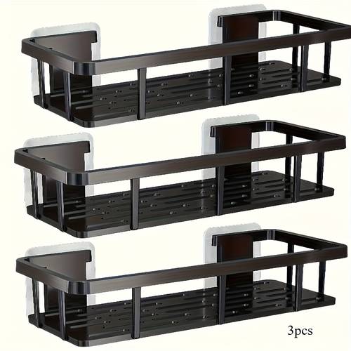 3 pack no drilling bathroom shelves black wall mounted shower caddy with hooks drainage saving storage rack for shampoo conditioner toothbrush durable plastic organizer for bathroom perfect gift