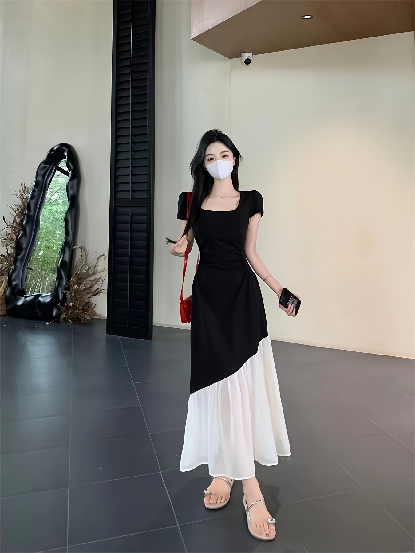 Women's Korean-Inspired Square Neck A-Line Dress - Short Sleeve  Asymmetrical Hem Solid Color Machine Washable 3-Season Casual to  Semi-Formal Wear, Versatile Fashion, Layered Fabric Style * * Adult ...