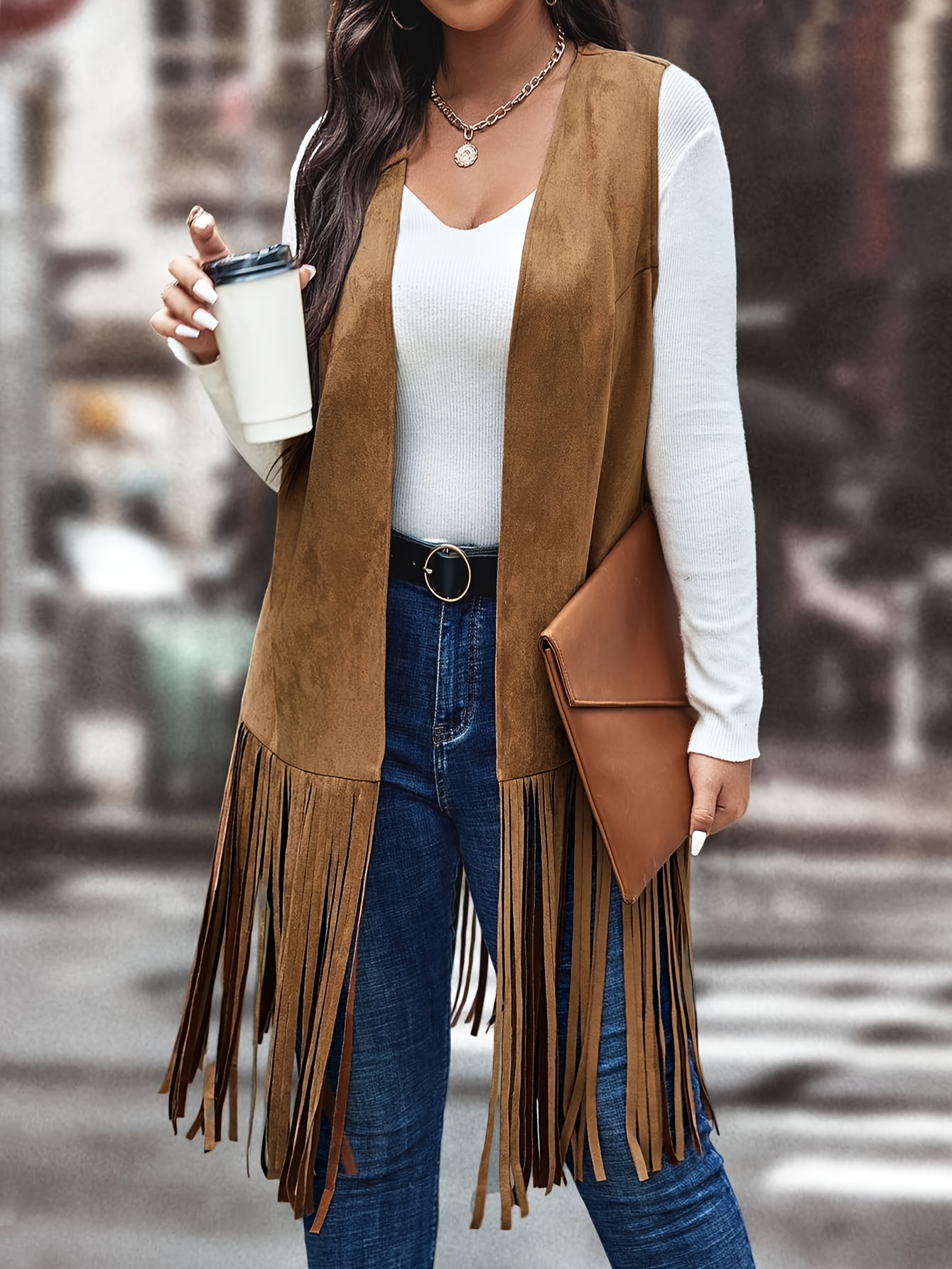 Plus Size Damen Retro Casual Ärmellose Weste mit Fransen-Dekor – Lang,  Einfarbig, Handwaschbar, Vielseitiges Schichtstück für Alltagsoutfits,  Urban