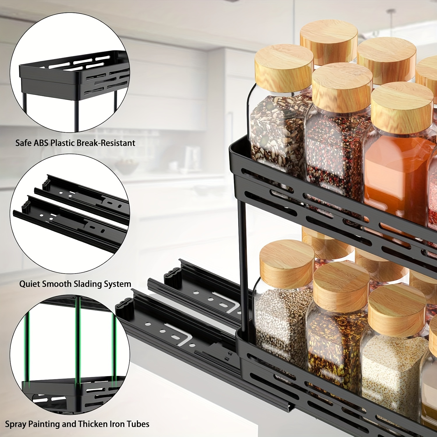 3pcs Easy-Install Pull-Out Spice Rack Organizer for Cabinets Durable,  Space-Saving Design with Tiers, Holds 10 Jars Each Kitchen Di