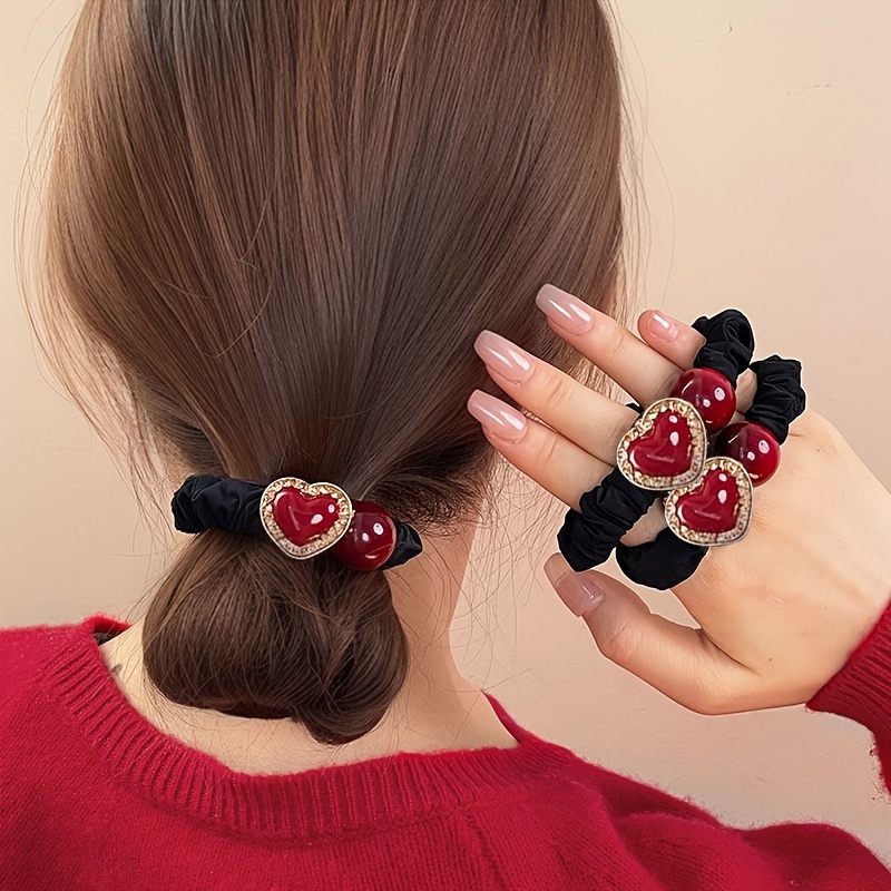 

2pcs Elegant Fabric Hair Ties With Heart, Chinese Style Solid Color Hair Rings, Red Heart Hair Elastics For Ponytails And Buns, With Ideal For Day, For Women And Teens 14+