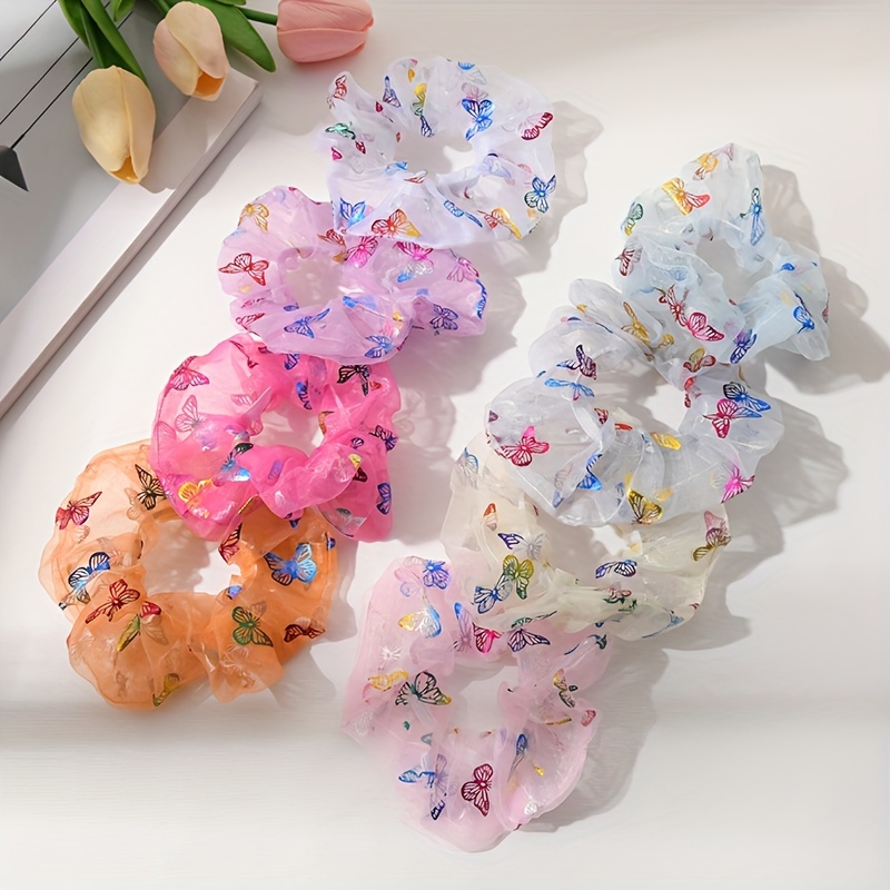 TEMU 8pcs Set Of 8-color Mesh Printed Hair Ties, Ponytail Holders, Women's Hair Rings, And Headbands
