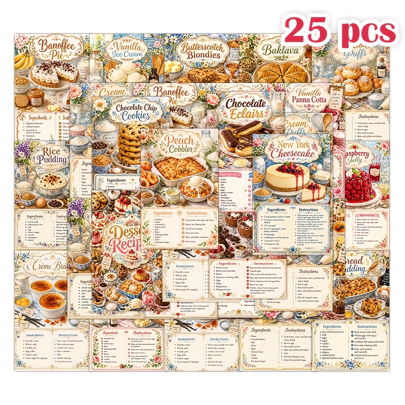 TEMU 25pcs Mini Cottagecore Dessert Recipes Enclosure Cards, Vintage Baking Sweet Treat Gift Enclosure Cards, Floral Kitchen Junk Journal Supplies,