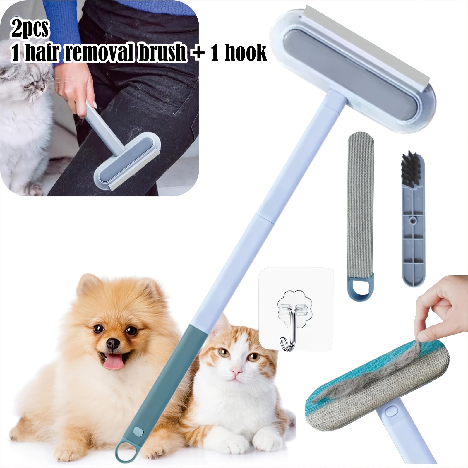 TEMU Cepillo para eliminar pelo de mascotas, 1 cepillo para eliminar pelo y 1 gancho, adecuado para perros y gatos, limpiador de pelusa y pelo de