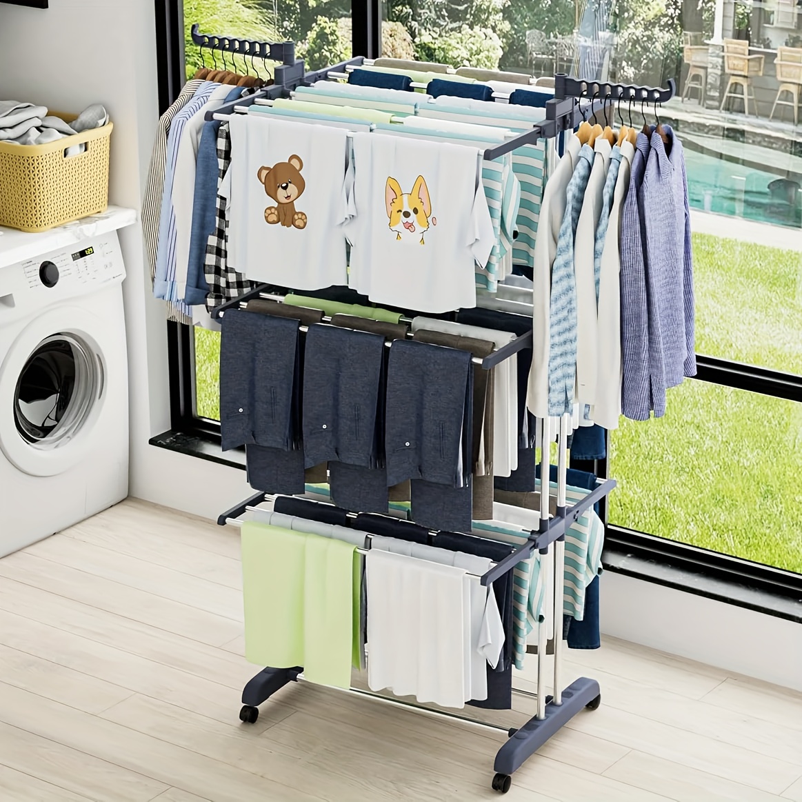 TEMU 4-tier Large Clothes Drying Rack - Foldable Frame With Smooth Rolling Casters - Holds 30+ Garments & Adjustable Shelf - Sturdy Metal Laundry