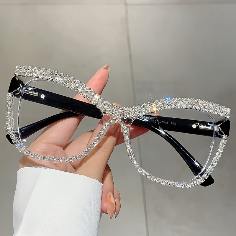large cat eye bling clear lens glasses fashion Temu