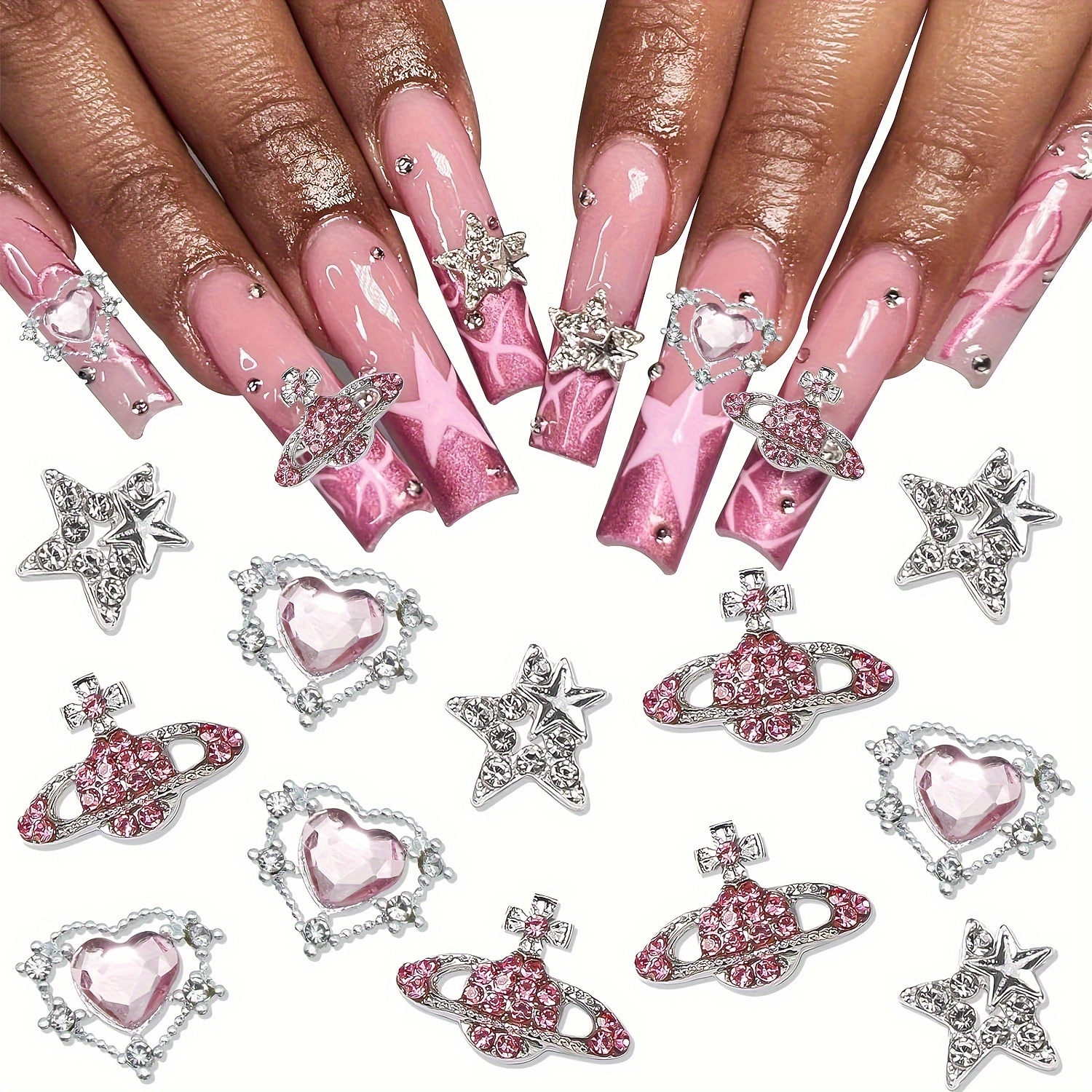 

3d & Planet Star Nail Charms, 15pcs - Sparkling Acrylic Nail Art Jewelry For Women, No Scent, Perfect For Hands & Feet Care
