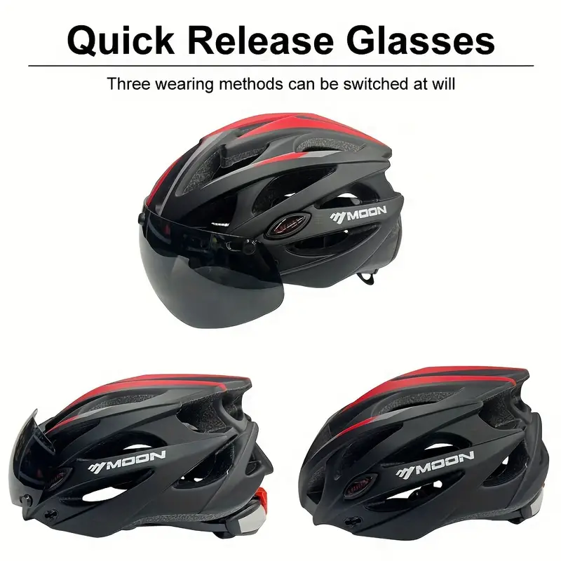 moon ultralight cycling helmet with removable visor black red adjustable multi use for road mountain biking unisex adult uncharged unisex cycling gear modern helmet design adjustable strap helmet details 12