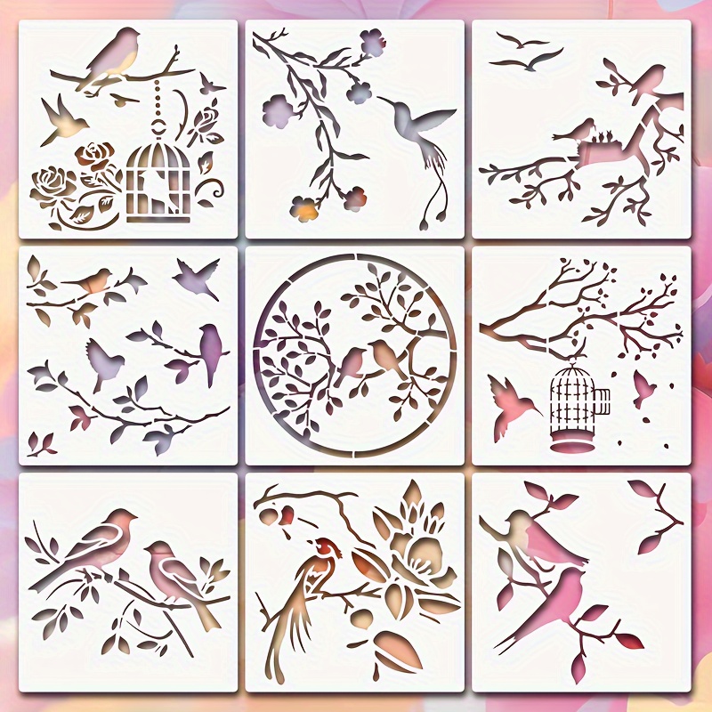 

artistic Touch" 9-piece Bird & Floral Painting Stencils Set, 5.9" Reusable Templates For Diy Home Decor - Perfect For Wood, Walls, Furniture | Art & Craft Supplies