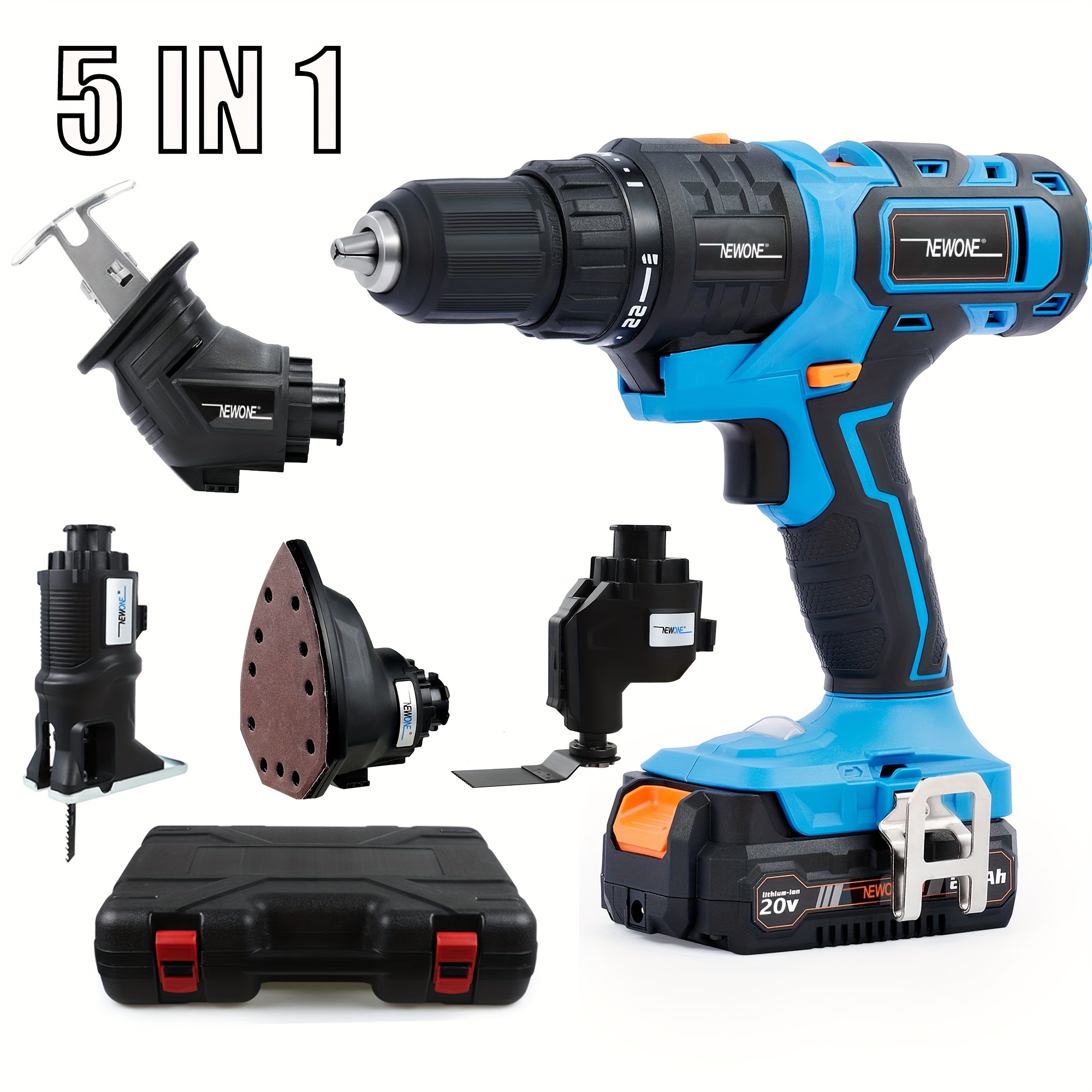 

Newone 20v Cordless Combo Kit 5- Combo Kit With Case Drill Saw Jig Saw Oscillating Tool Sander With Accessories 2.0ah Lionthium Battery And Charger