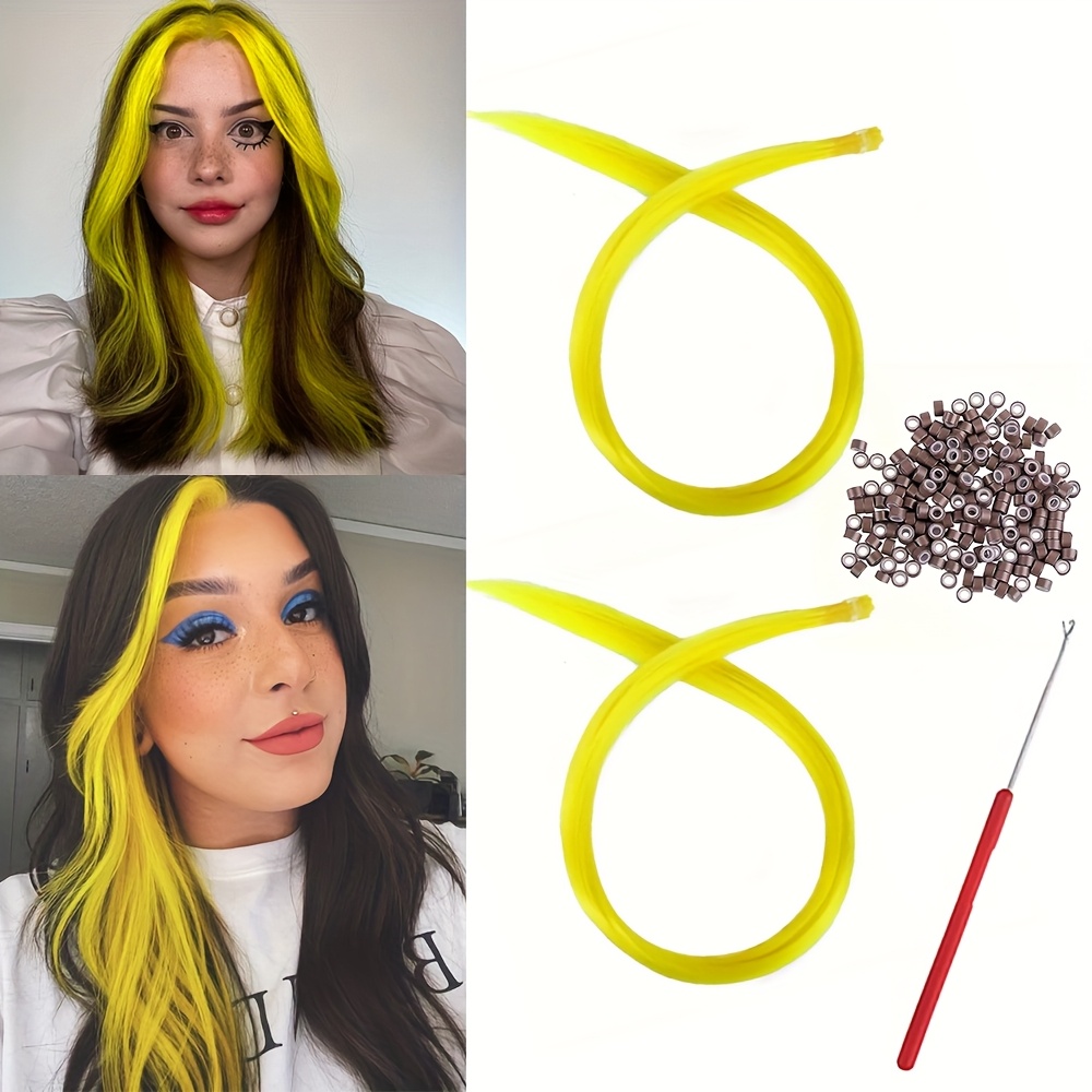 12 Farbige Haarverlängerungen Zum Anklipsen (gelb, 56 Cm) – Synthetisch, Für Party & Halloween