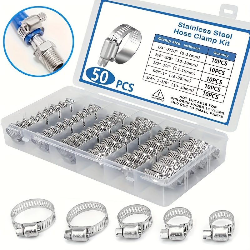 

Stainless Steel Hose Clamp Kit, 50pcs - Worm Gear Adjustable Pipe Clamps For Intercooler, Plumbing, And Fuel Line, Metal T-bolt Hose Fittings With Ferrule Shape (6-29mm Range)