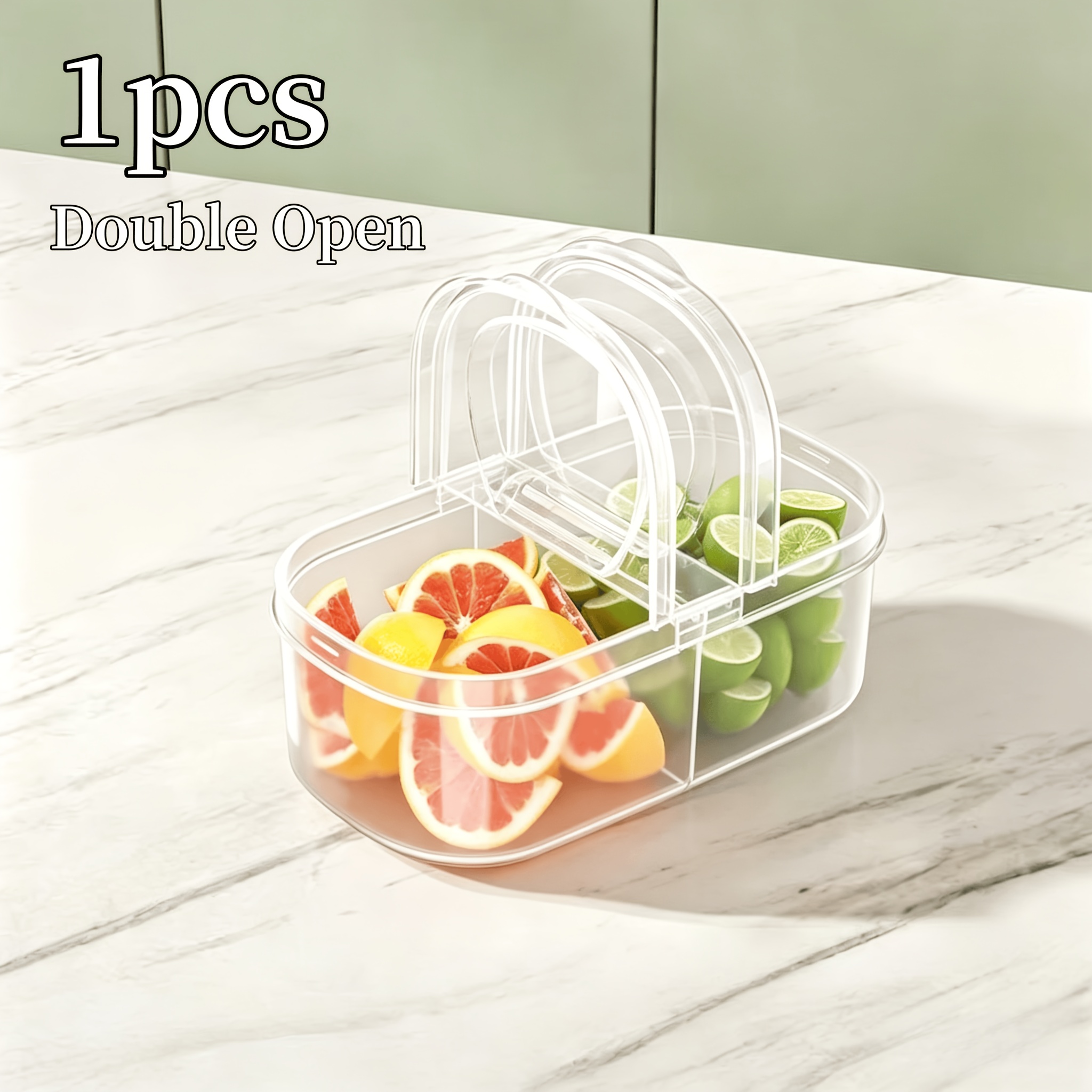 Image of 1pc Double-compartment Fresh-keeping Box, With Lid Transparent Pp Food Grade Material Storage Box, Suitable For Kitchen Refrigerator Fruits, Vegetables, Salads, Bento Etc. Food Organization Container