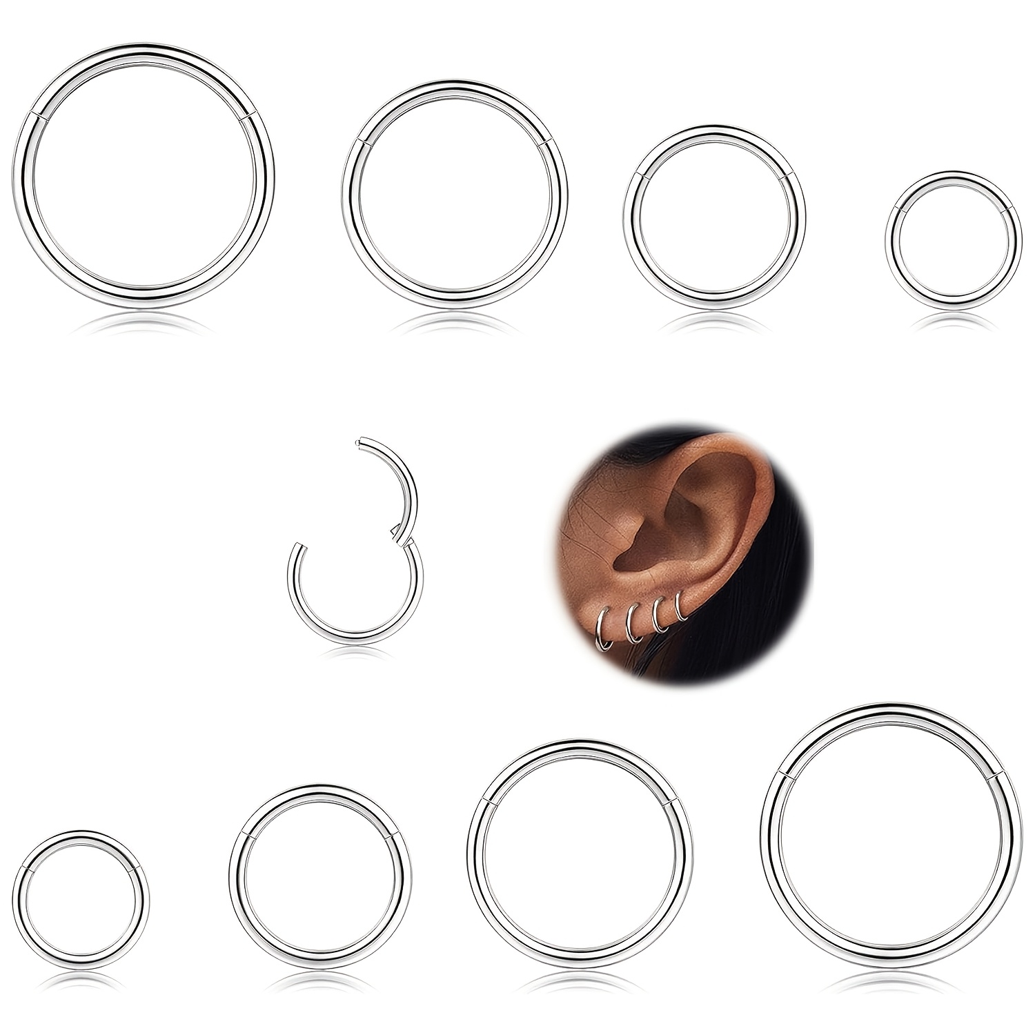 TEMU 8pcs 16g Surgical 316l 316l Stainless Steel Hinged Clicker Nose Rings Hoop Helix Cartilage Daith Ohr Tragus Sleeper Earrings Body Piercing 6mm,