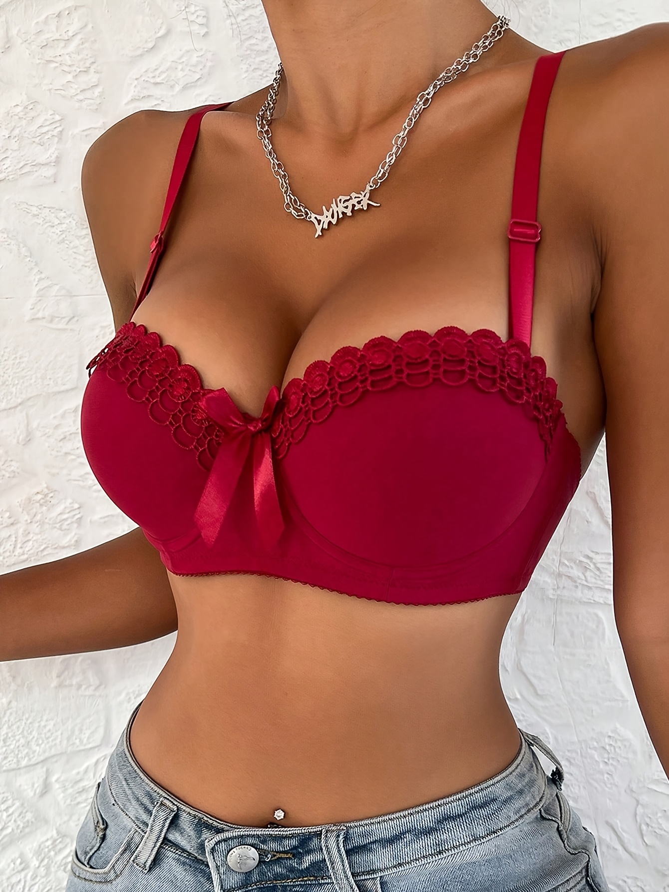 Women's 5pc Lace Bow Underwire Bra Set, Smooth Cups