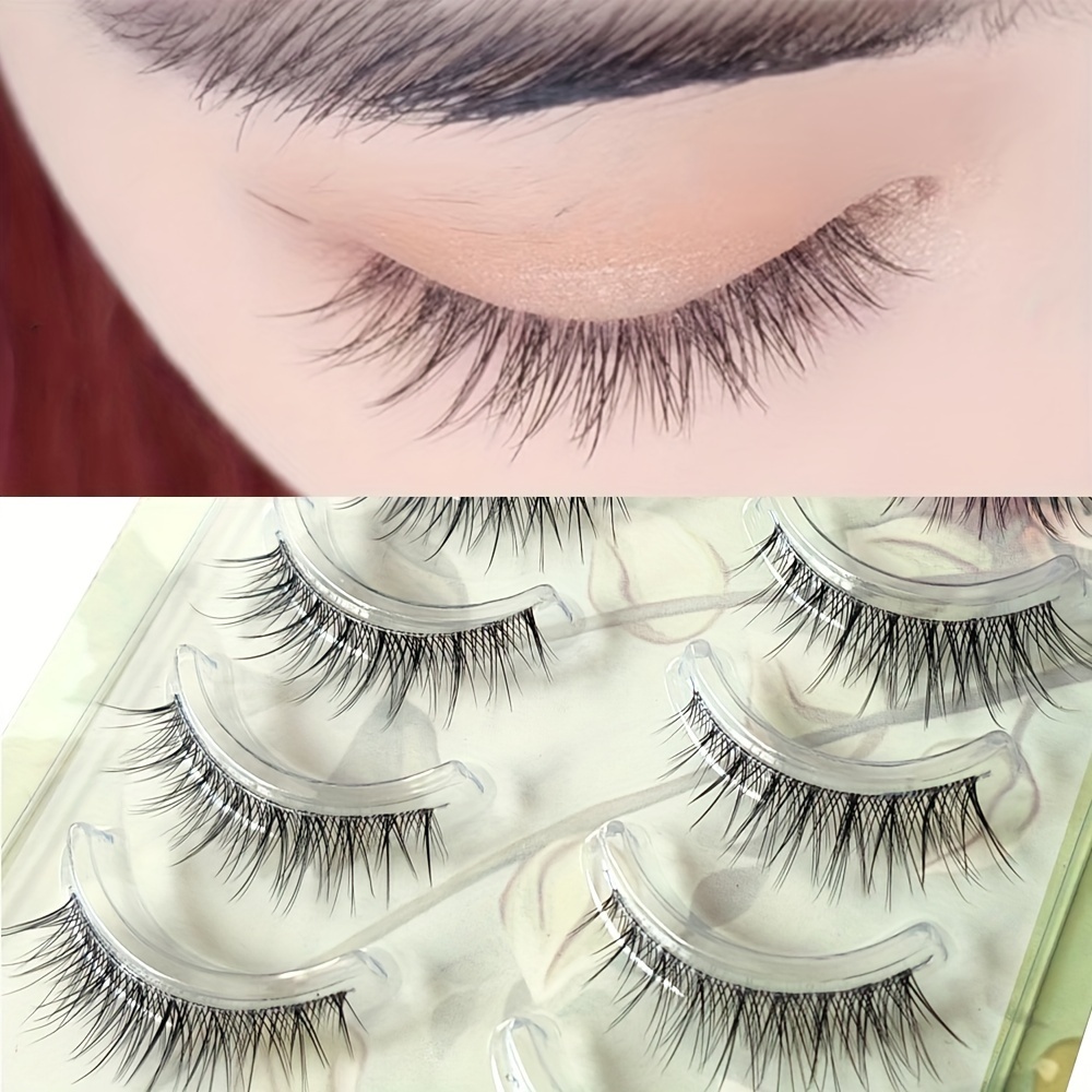 

5 Pairs Fluffy Natural Cross False Eyelashes - C , 0.07mm Thick, Reusable Faux Mink Lashes, Transparent Stem, 10-12mm Length