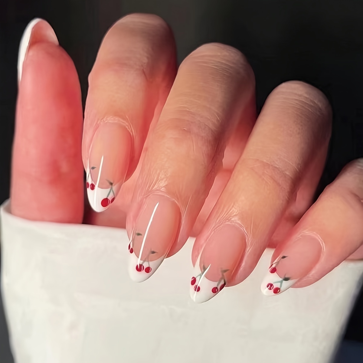 

Medium Press On Nails, French Tip Fake Nails,full Cover Cherry Design False Nails For Women And Girls