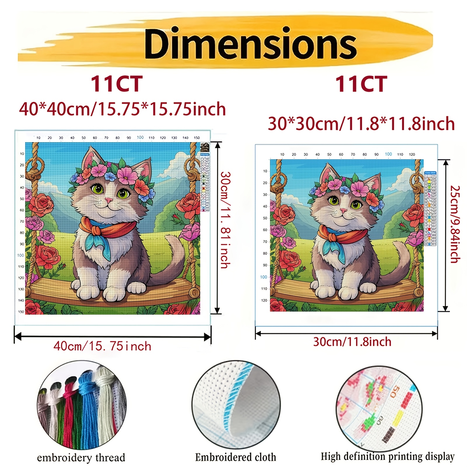 Cross-Stitch Kit, Kittens on a Swing with Flower Wreath