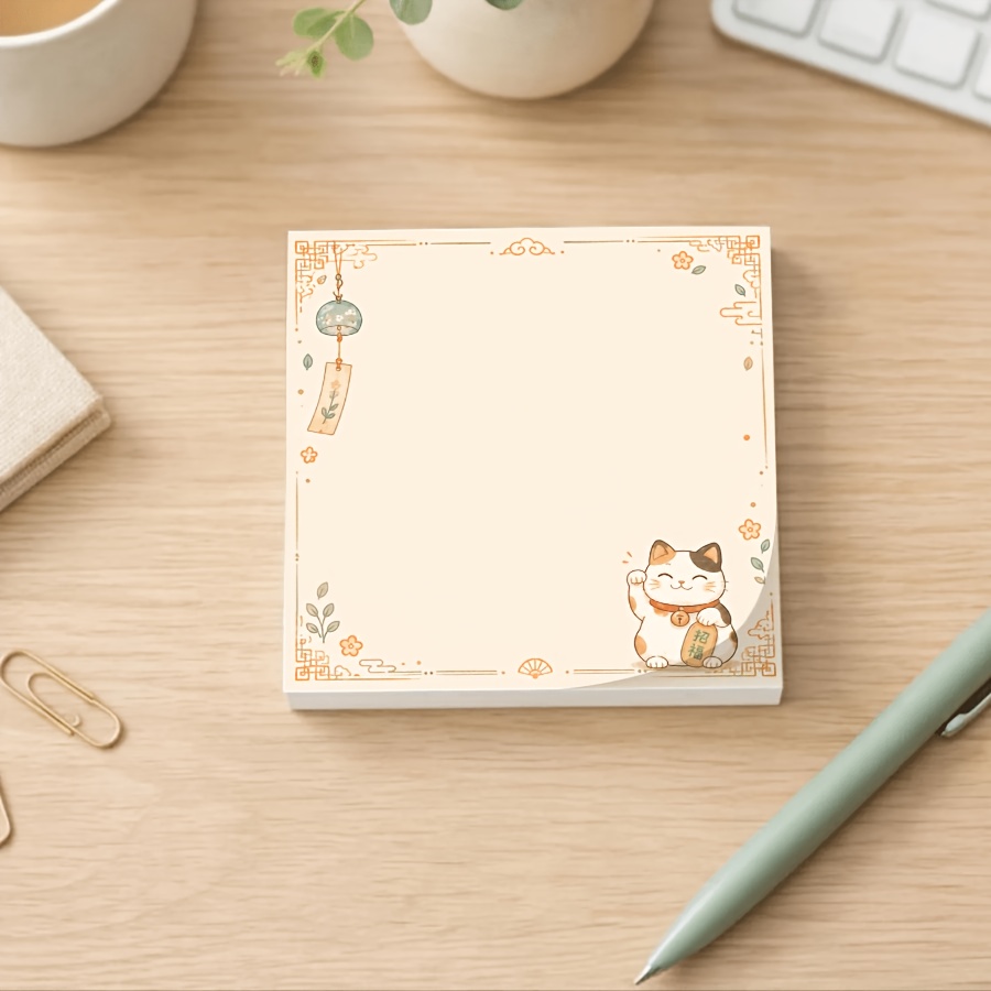 TEMU Glücksbringer Katze Schreibpapier Design, Maneki Neko Ästhetische Schreibwaren Memo Block mit Hängendem Charme Glocken Wolke Blumenrand,