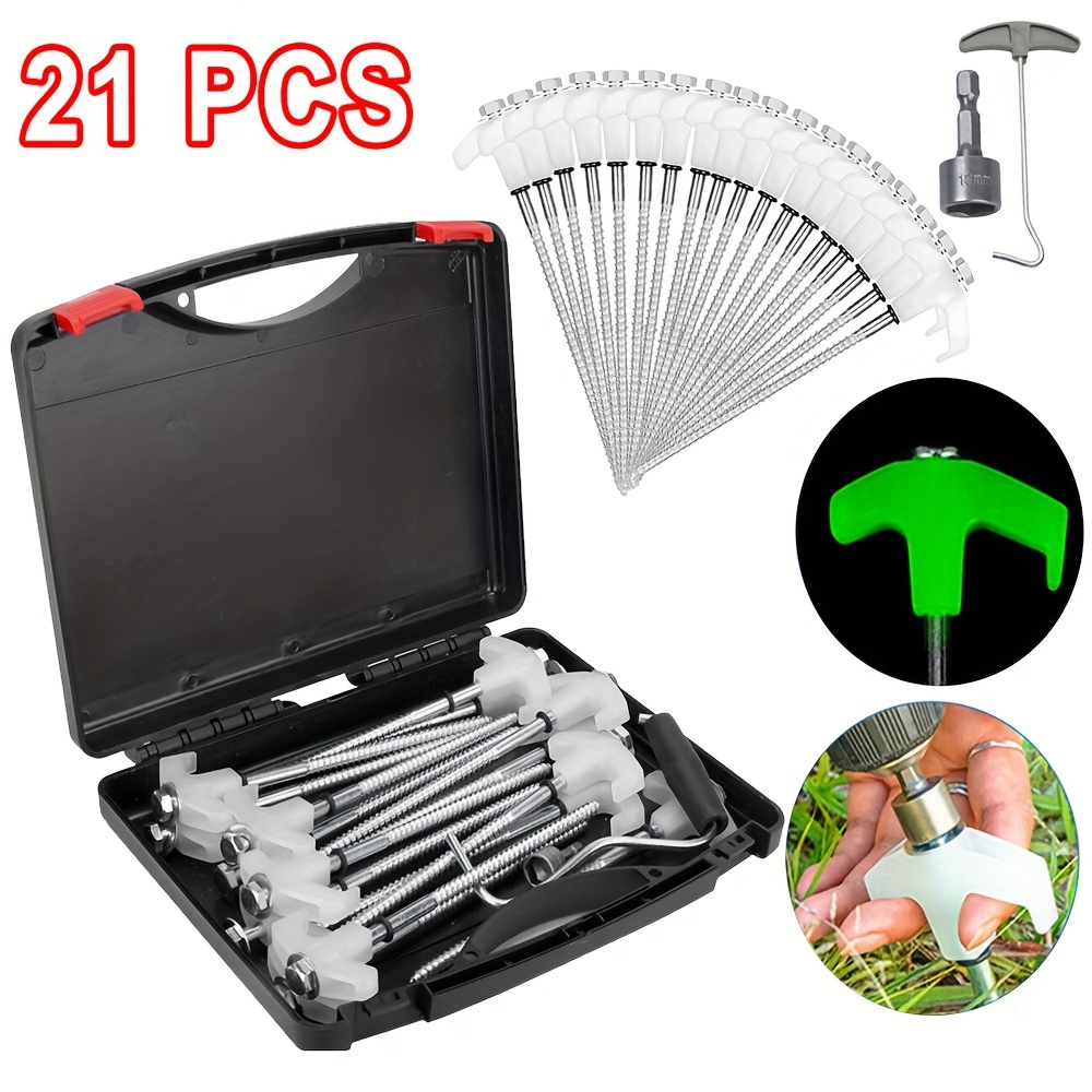 Screw Pegs Set 18pcs Of 20cm Diameter 7mm With Transport Box And Bit For Cordless Screwdriver, Steel Pegs For Soft To Hard Floors, Tent Screws For Camping And Outdoor Use