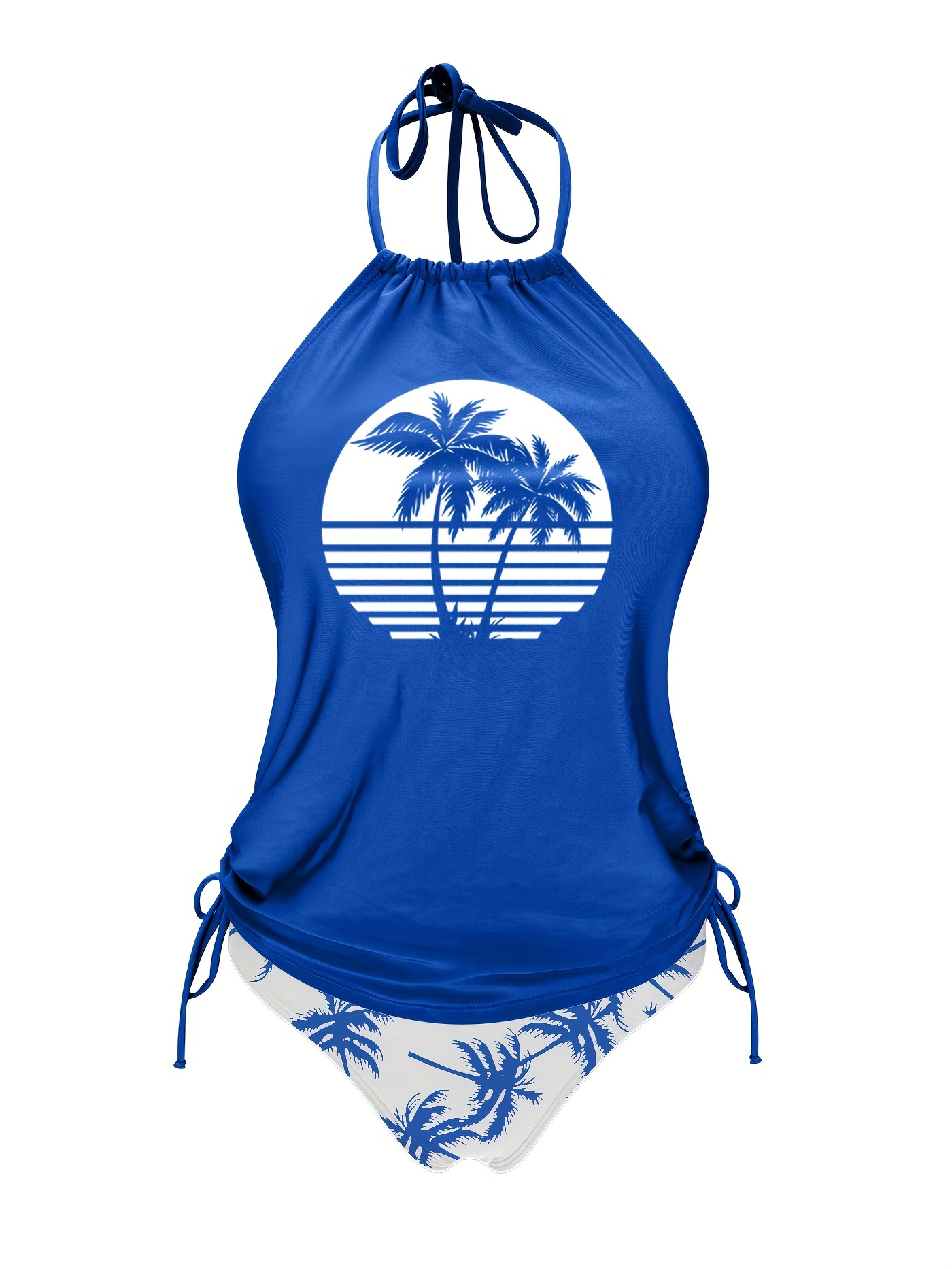 Coconut Tree Set Pattern Drawstring 2pcs Set Swimsuit, Halter Tie Neck Backless Stretchy Low Waist Bathing Suit for Beach Pool, Women'S Swimwear & Clothing