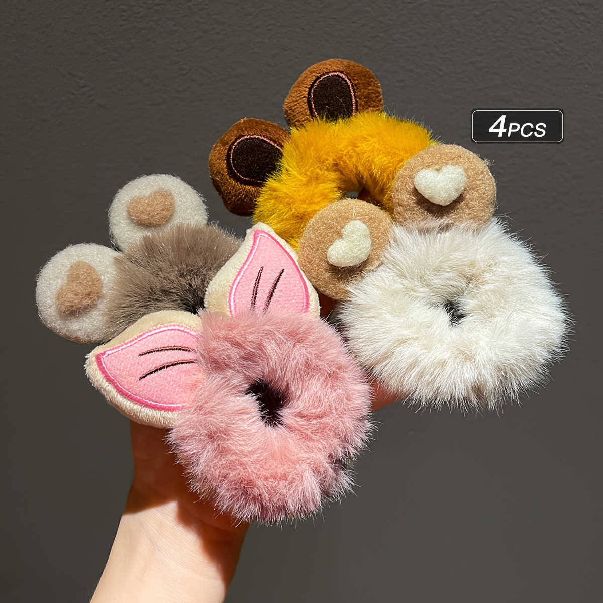 4pcs Women's Plush Autumn And Winter Large Ring Cute Cat Ear Hair Ties Additions