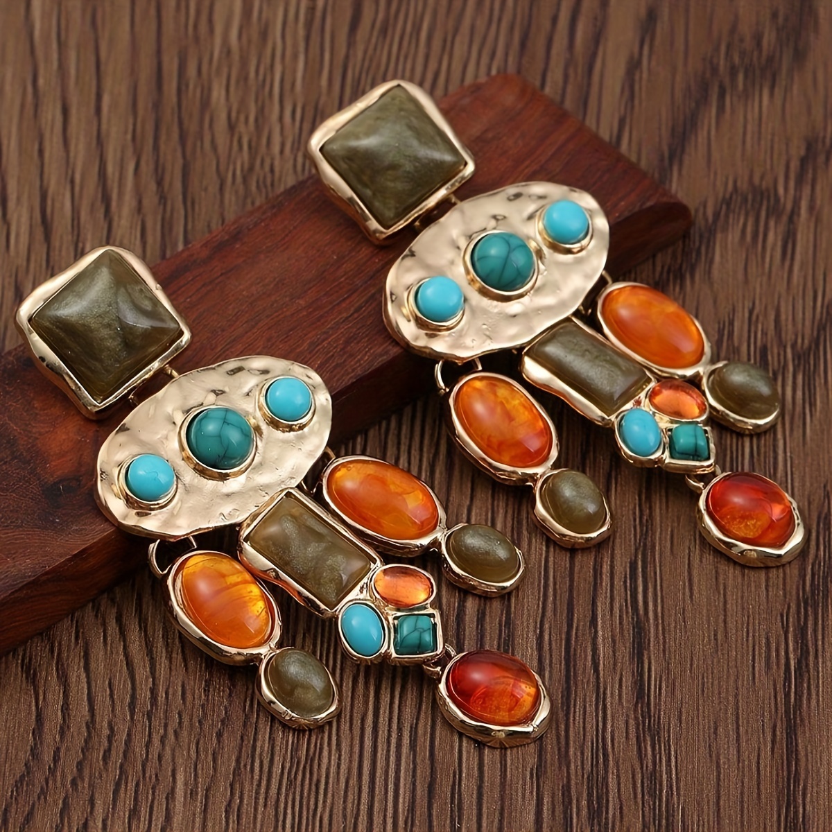 

Bohemian Vintage Earrings, Luxurious Turquoise Inlay, Geometric Long Drop Dangle Earrings For Women, Retro Boho Style Jewelry