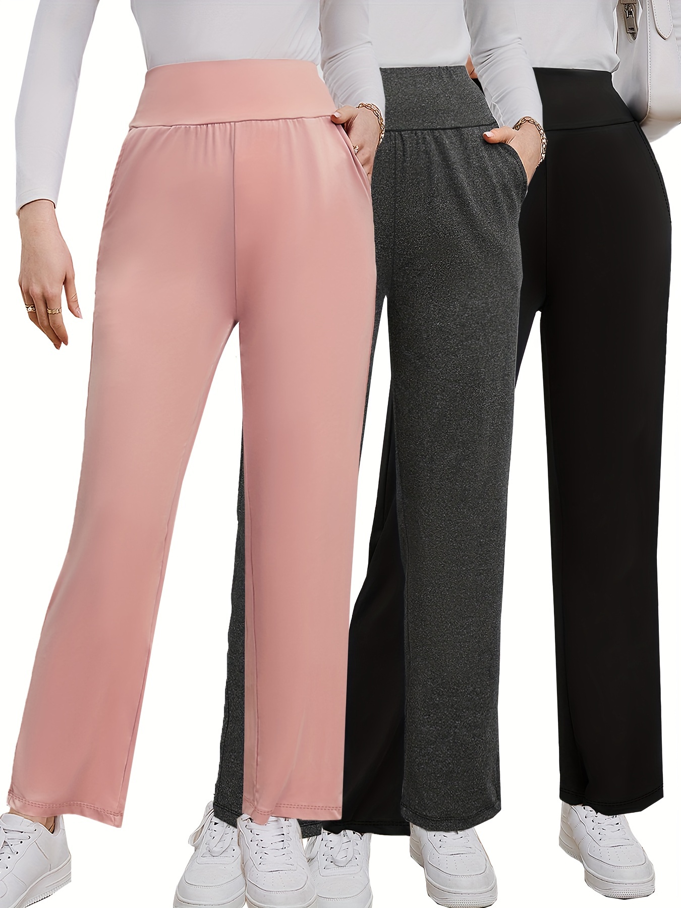 Solid High Waist Pants 3 Pack, Casual Comfy Straight Leg Pants, Women's  Clothing