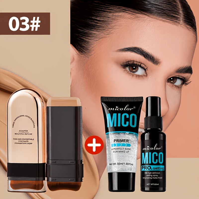 TEMU 3pcs 3-in-1 Makeup Set, 2-in-1 Foundation And Contour And Rose Golden Makeup Brush - Full Coverage, Moisturizing Waterproof End Long-lasting