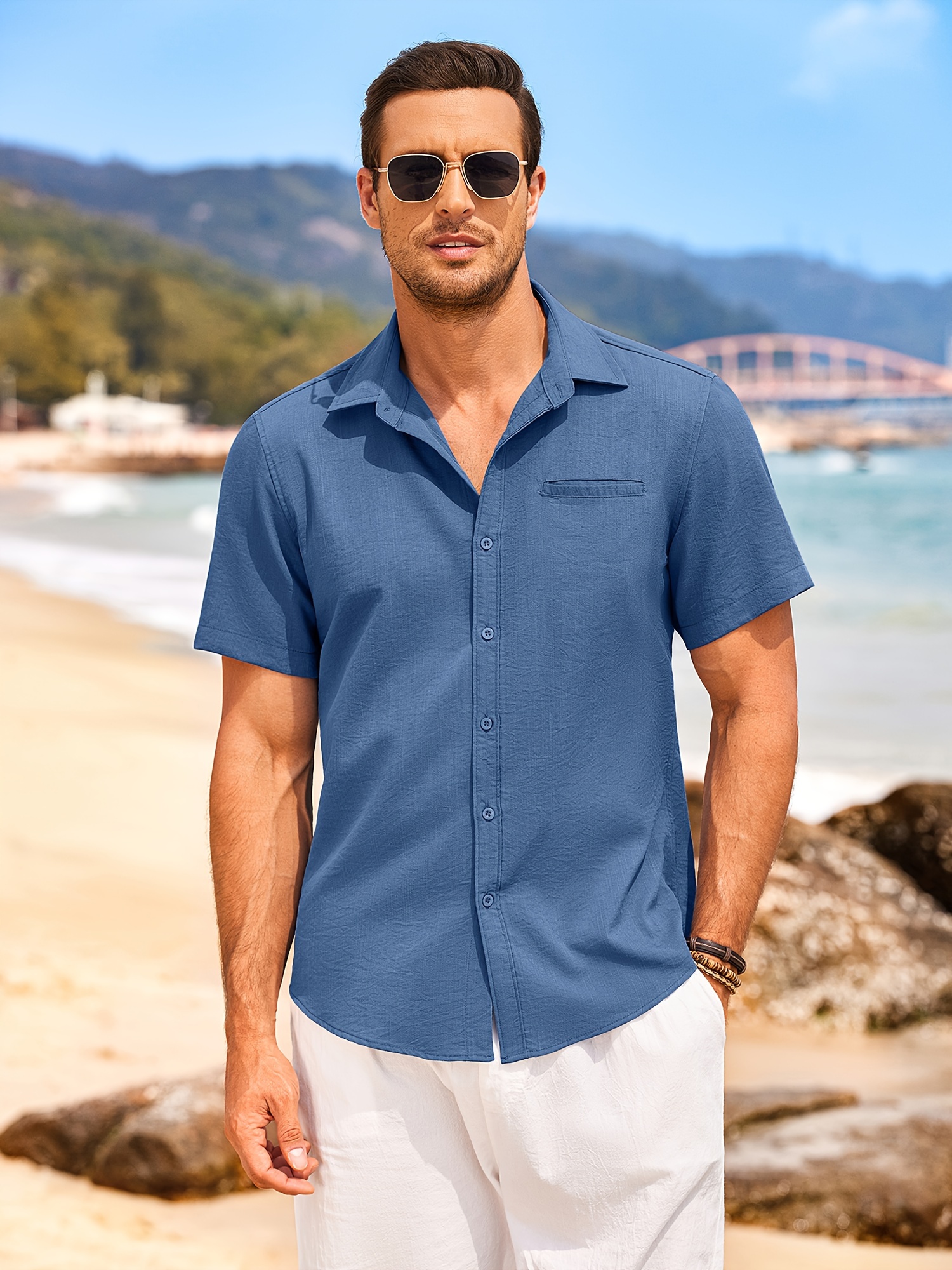 mens casual short sleeve button shirt lightweight blend - Temu
