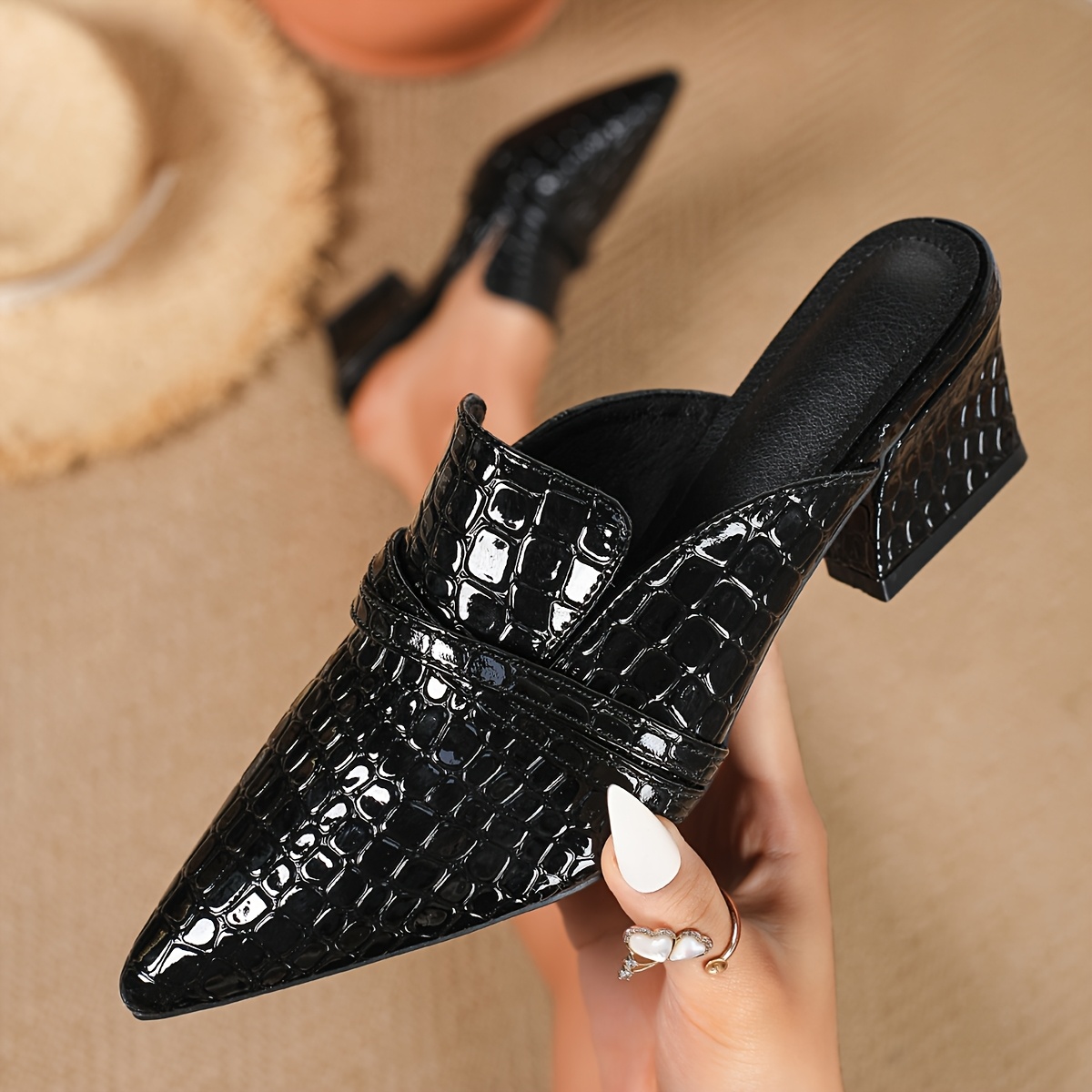 TEMU Stylish Pointed-toe Crocodile Pattern High-heeled Mules For Women, Comfortable Slip-on High Heels, Elegant Open-back Mules Perfect For Parties,