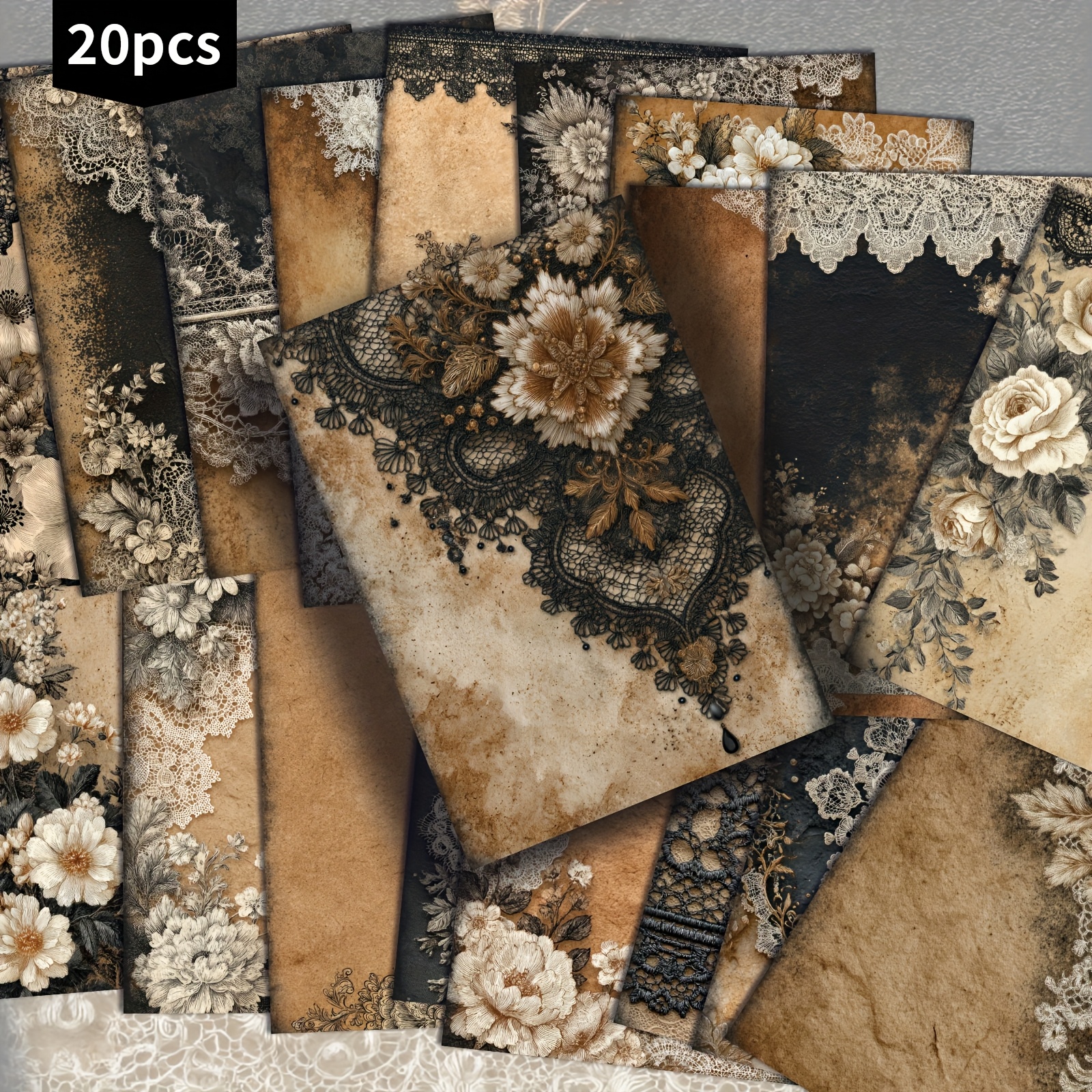 Image of 20-pack Black White Lace Floral Postcards - 4x6 Inches Junk Journal Paper, Classic Pinup Illustrations, Collectible Decorative Painting Cards For Scrapbooking & Crafting