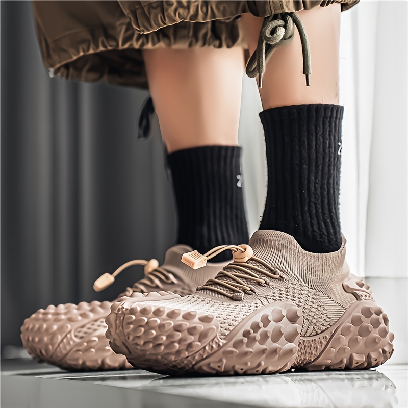 Sand-colored Knitted Mesh Outdoor Shoes with Particle Detailing, Low-Top Thick-Soled Dad Sneakers, Slip-On with Drawstring, Casual Breathable Athletic Running Shoes, Plus Size Men's Shoes