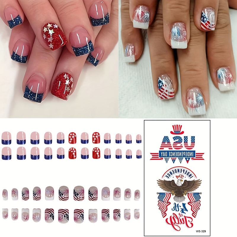 TEMU 2 Sets 48pcs Short Square Press On Nails, Day French Fake Nails, Patriotic Nail Stickers For Wear