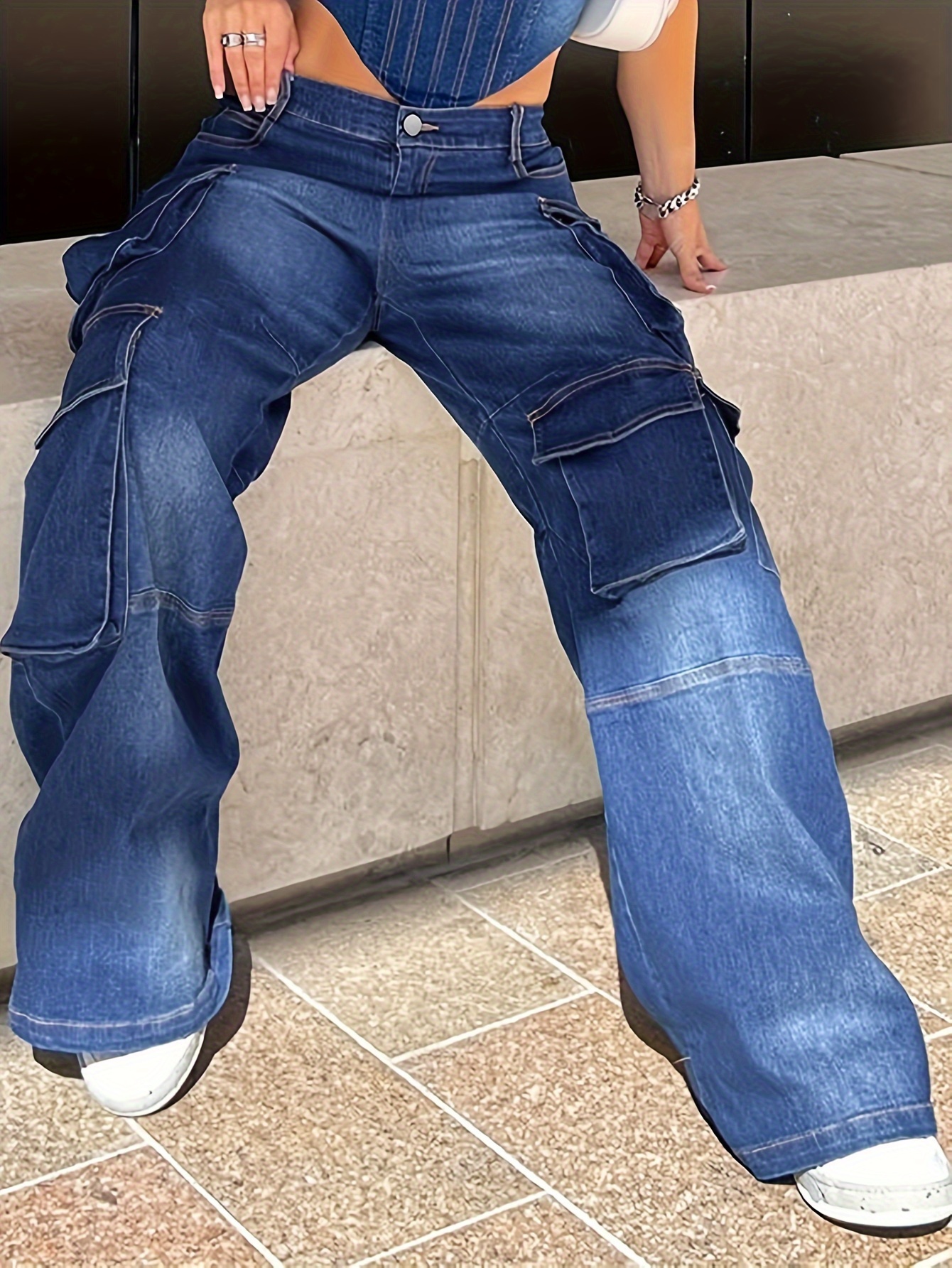 Обикновени изпрани сини странични джобове с капак карго - Temu Bulgaria