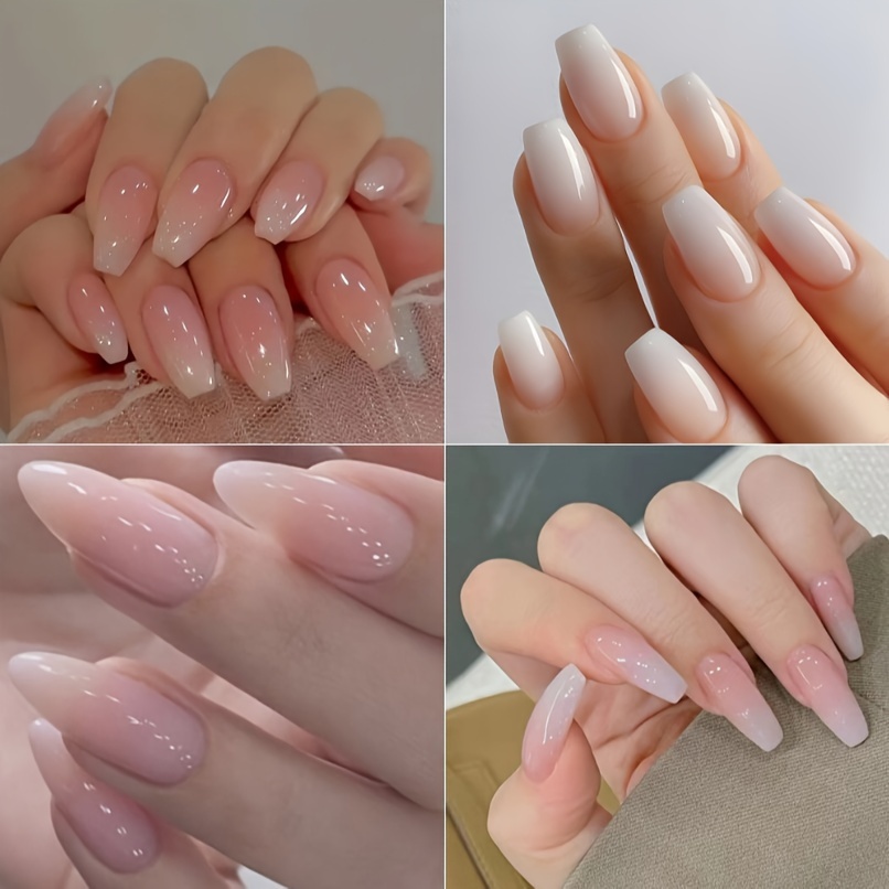 TEMU 96pcs Press On Nails Medium Almond, Spring Summer Nude Glue On Gel Nails, 24pcs Short Stiletto Acrylic False Nails Kits Reusable End Full Cover