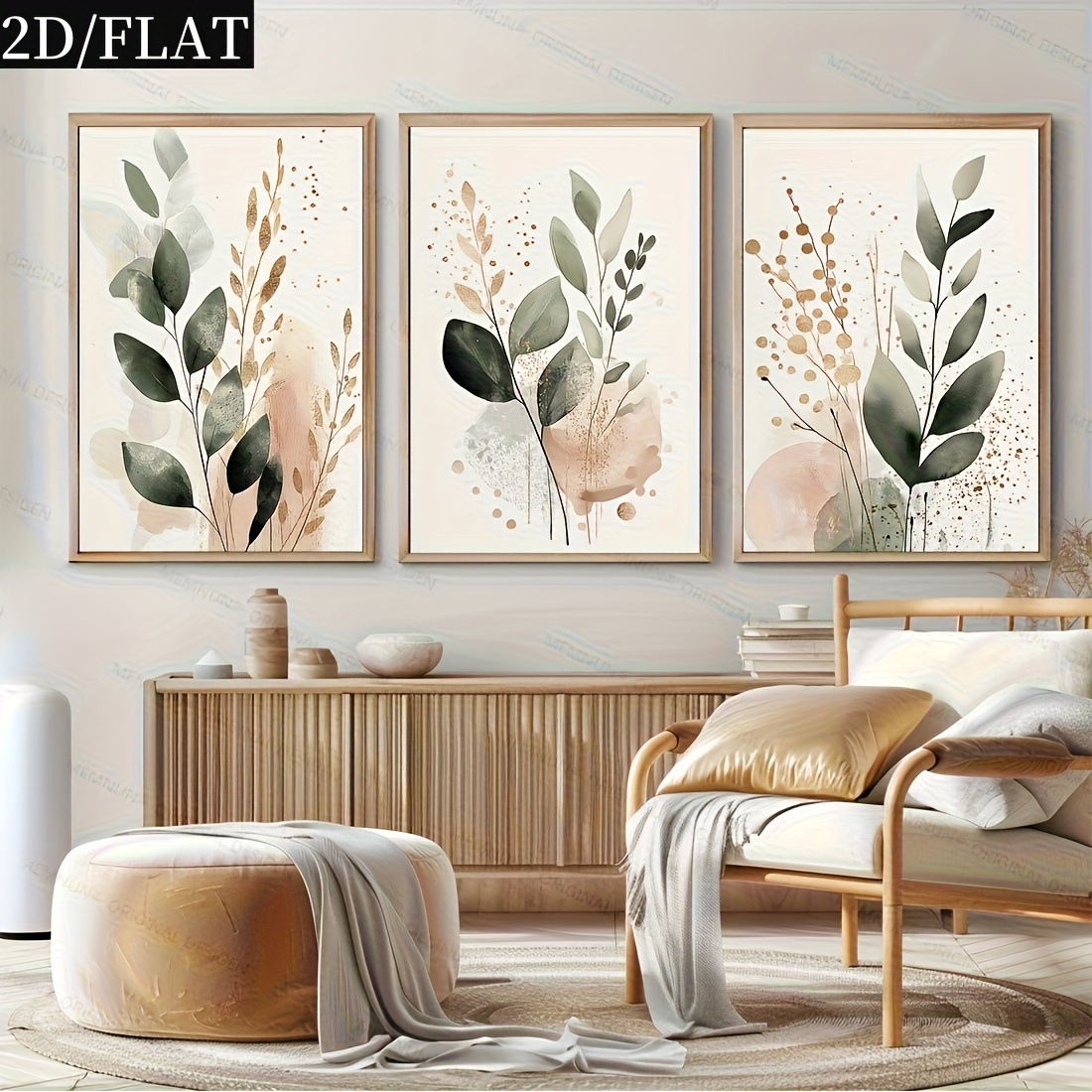 TEMU 2D Plat, 2D Plat, 2D/PLAT 3pcs Cadre, Feuilles de Plantes Faciles, Peinture Décorative Grande Taille Toile Affiche Décoration Murale Salon