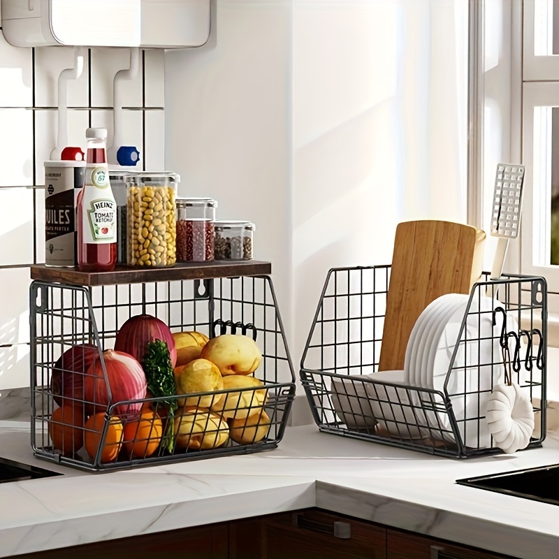 

2pcs Fruit Basket Kitchen Storage Basket With Wood Lid, Stackable Wall Basket Fruit Basket For Kitchen, Countertop Organizer For Snack, Fruit And Vegetable Storage